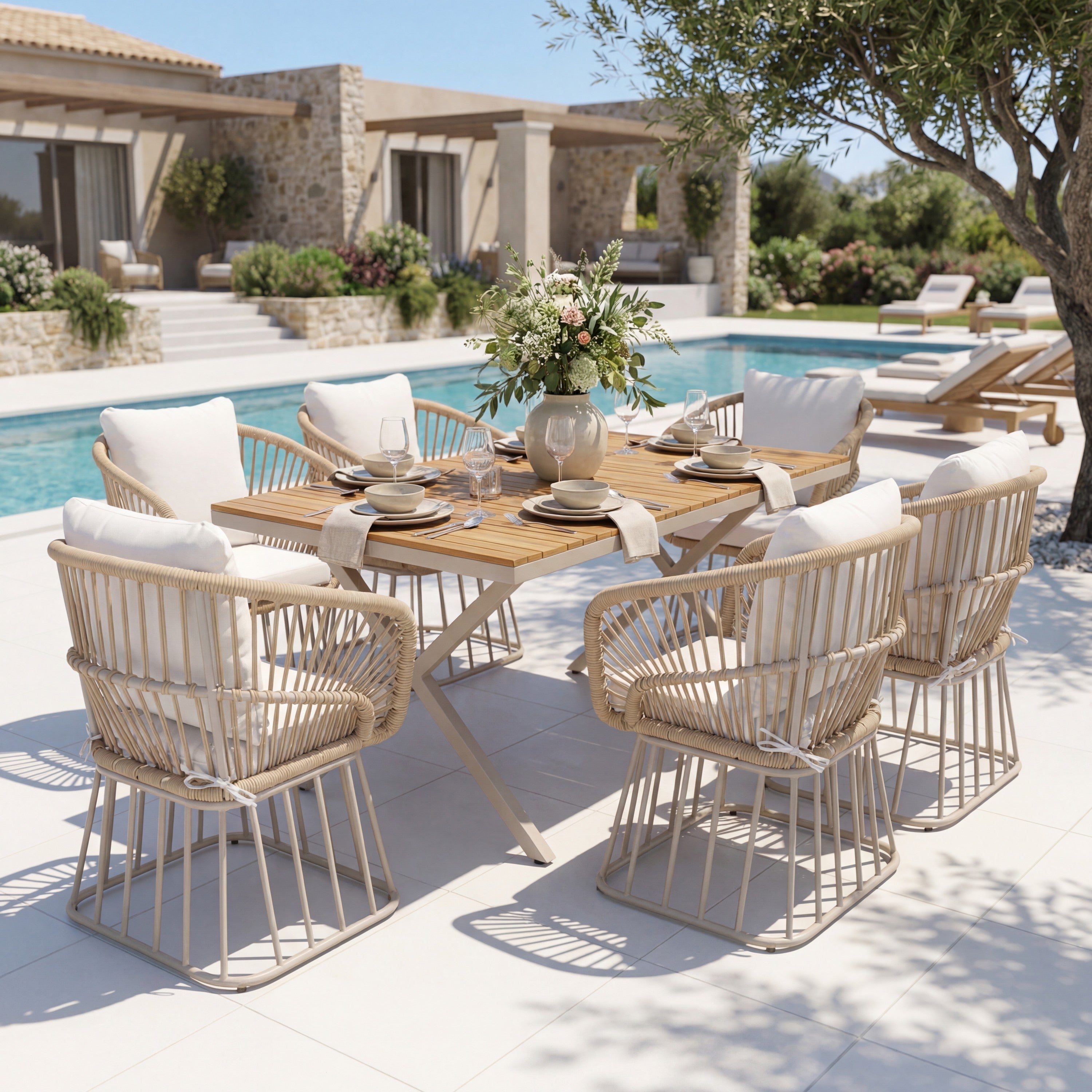 Outdoor Dining Set Teak Table 4 Wicker Chairs Cushions Steel Frame Set