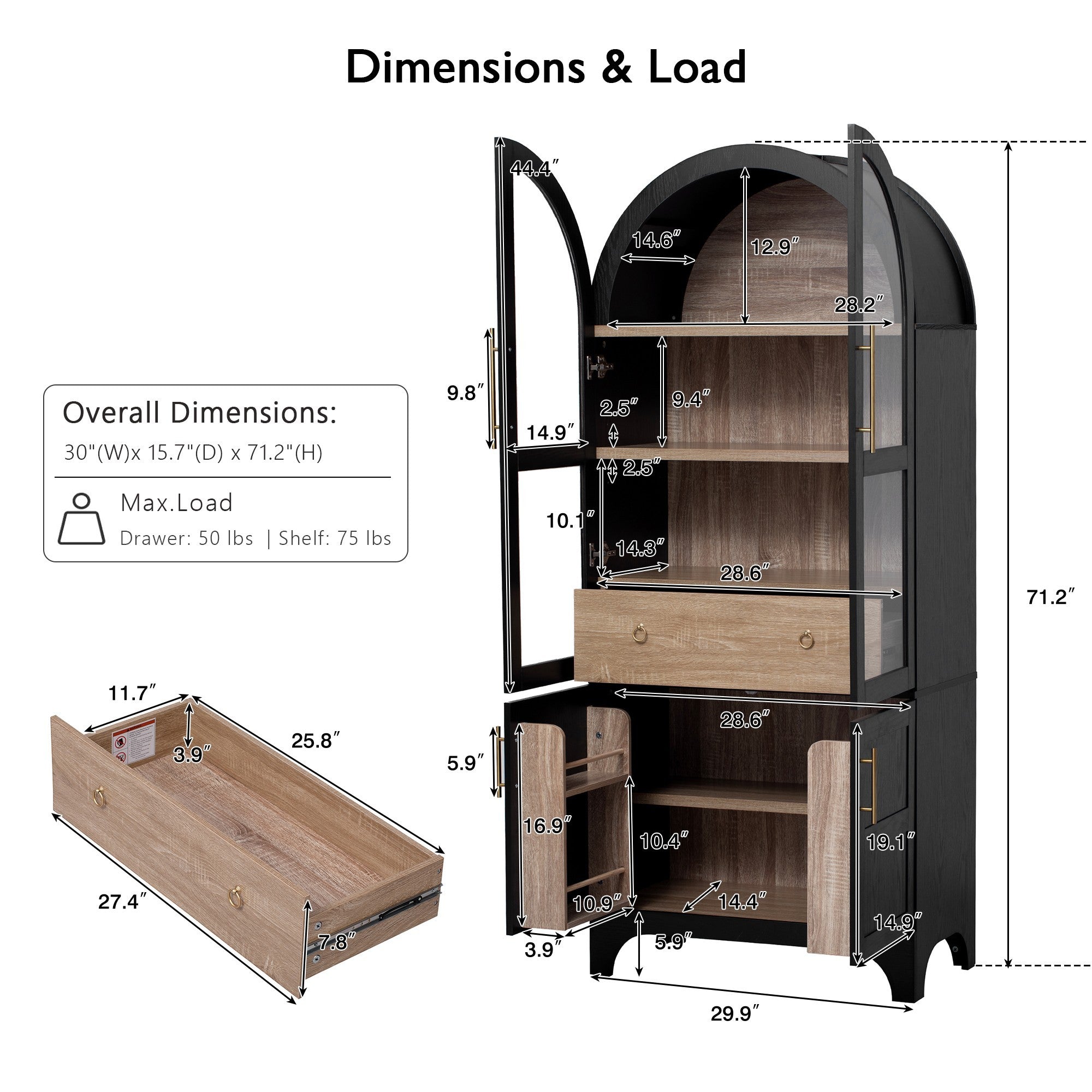 71" Tall Arched Farmhouse Kitchen Pantry Cabinet with Door Shelves