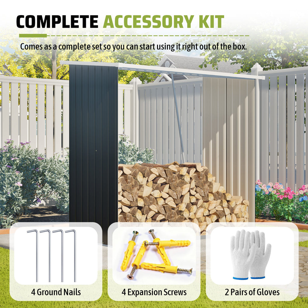 Outdoor Metal Storage Shed 62 Cu Ft Firewood Rack Patio Organizer Sloped Roof Weatherproof