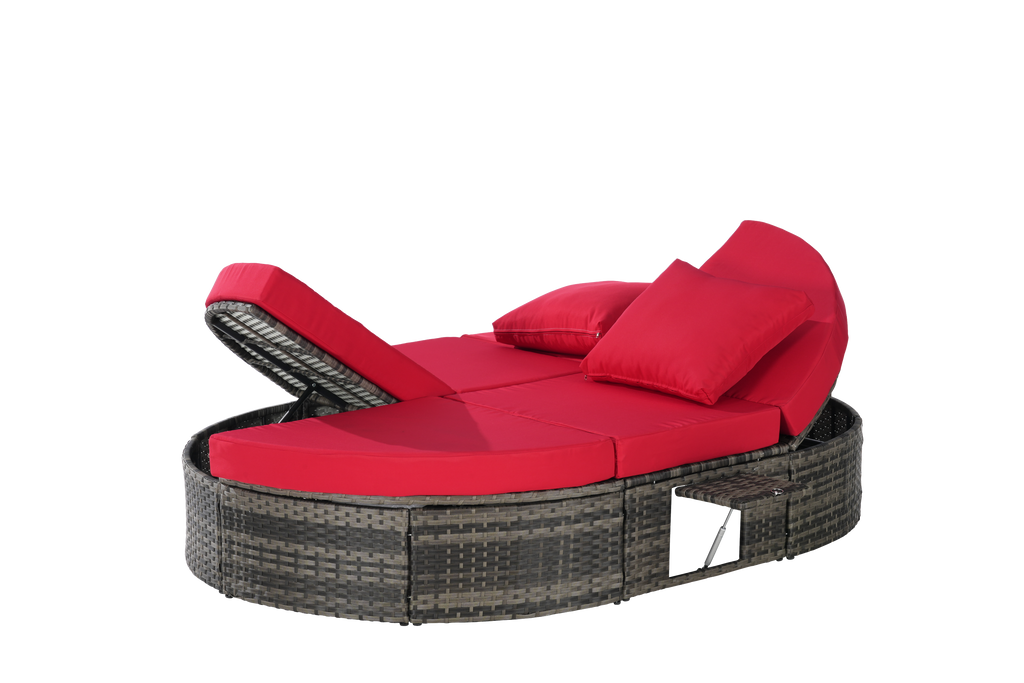 Round outdoor patio daybed with adjustable backrests foldable cup trays and cushioned wicker design ideal for backyard and poolside lounging