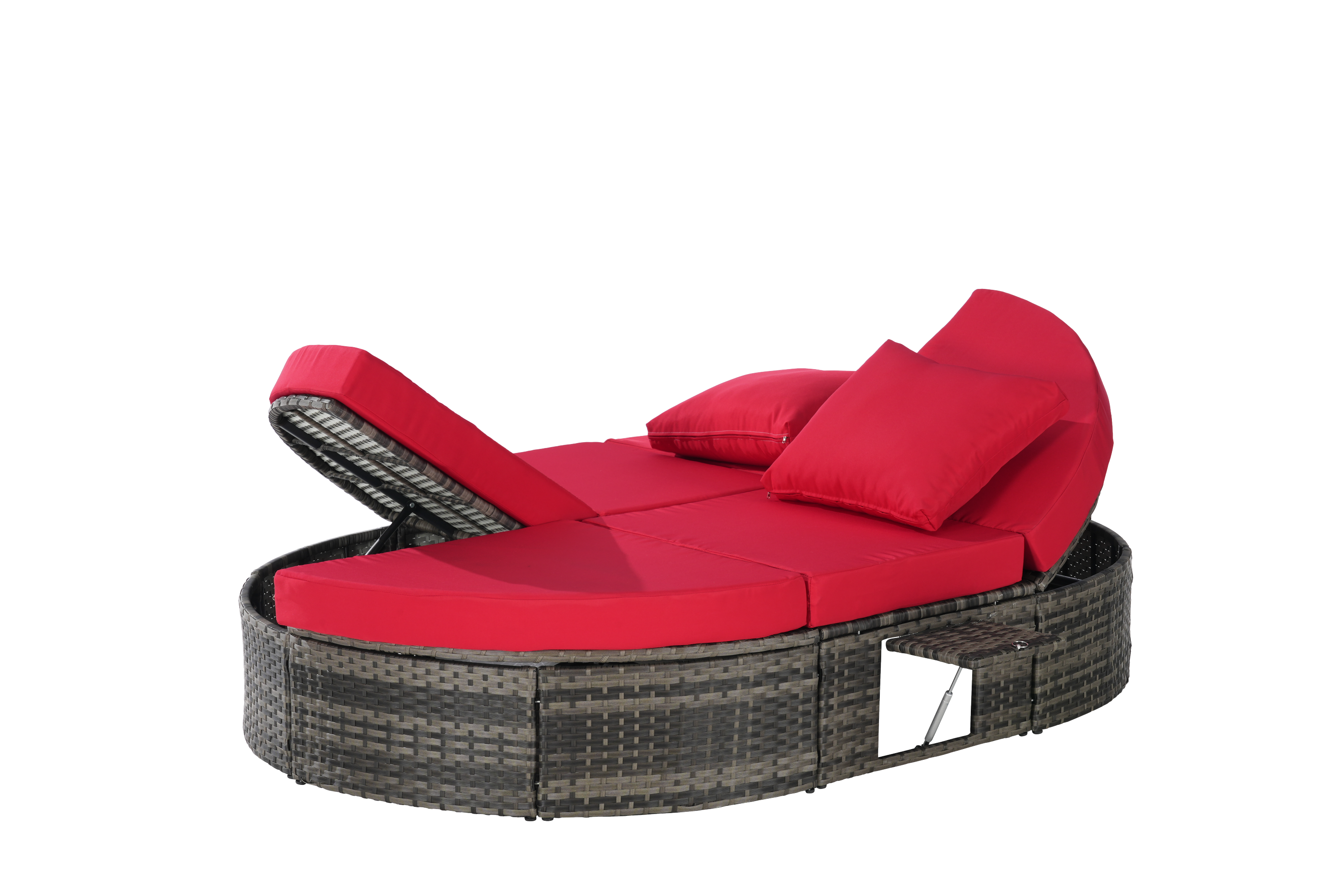Round outdoor patio daybed with adjustable backrests foldable cup trays and cushioned wicker design ideal for backyard and poolside lounging