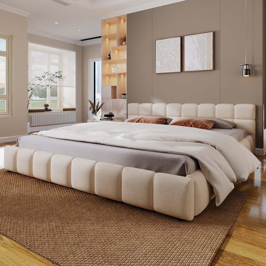 Elegant Beige Chenille Upholstered Bed with Checkerboard Design