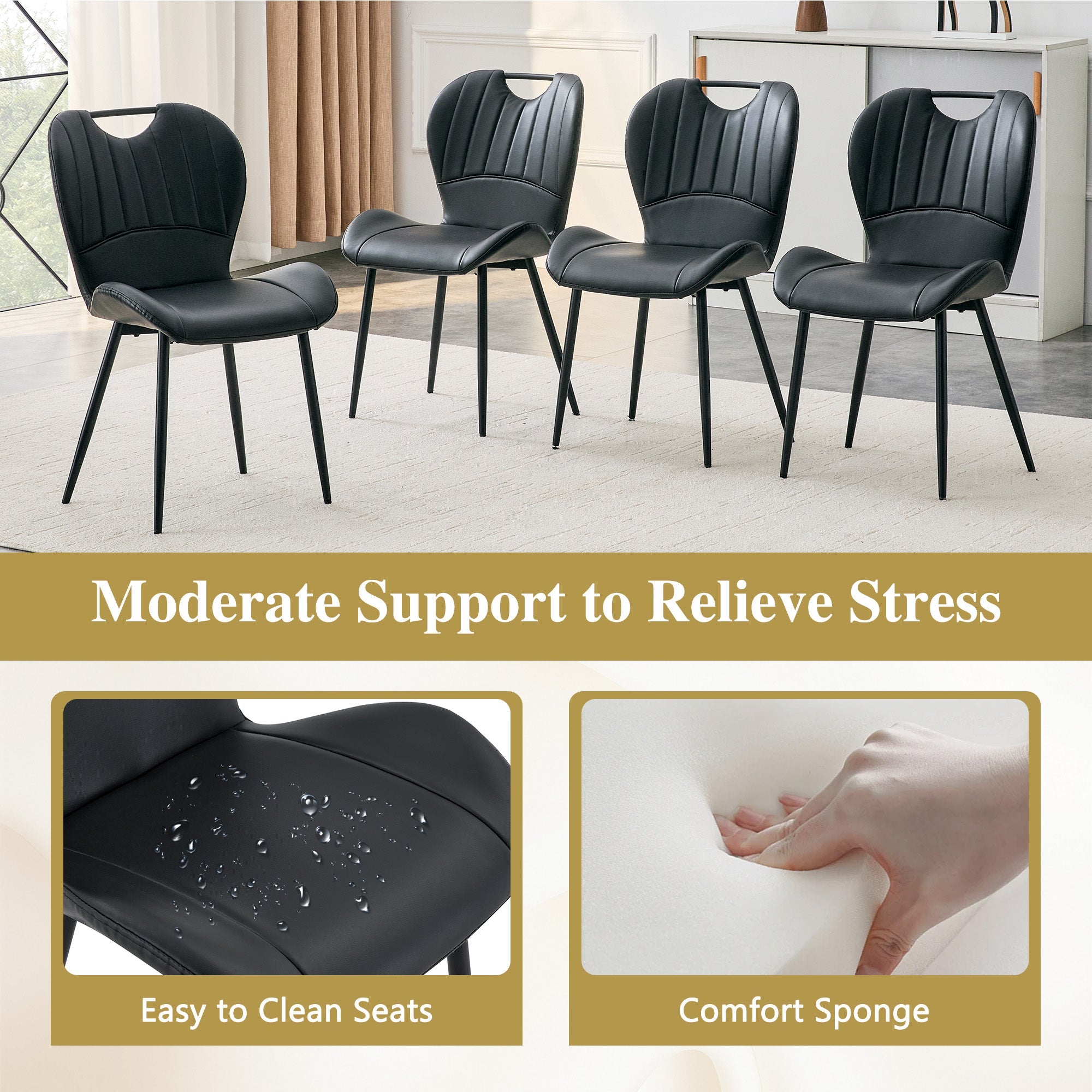 Set of 4 Fabric Dining Chairs Black Metal Frame Wide Cushioned Comfortable