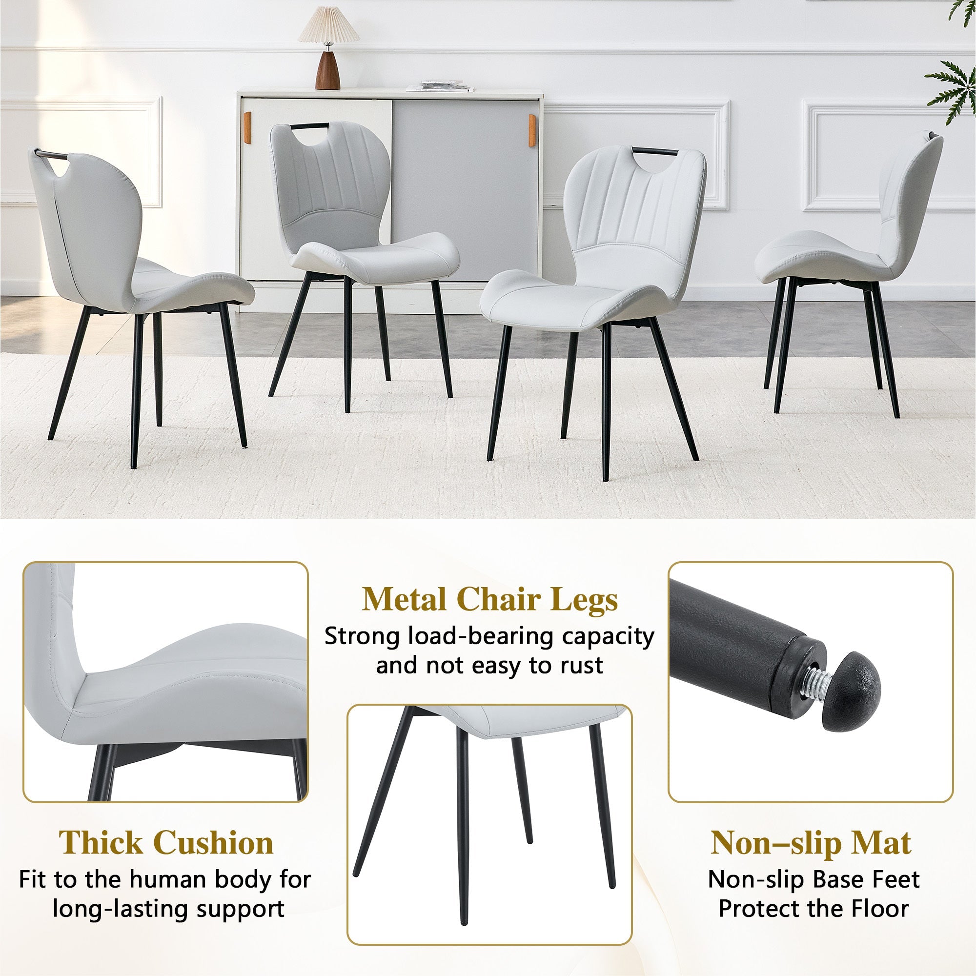 Set of 4 Fabric Dining Chairs Black Metal Frame Wide Cushioned Comfortable