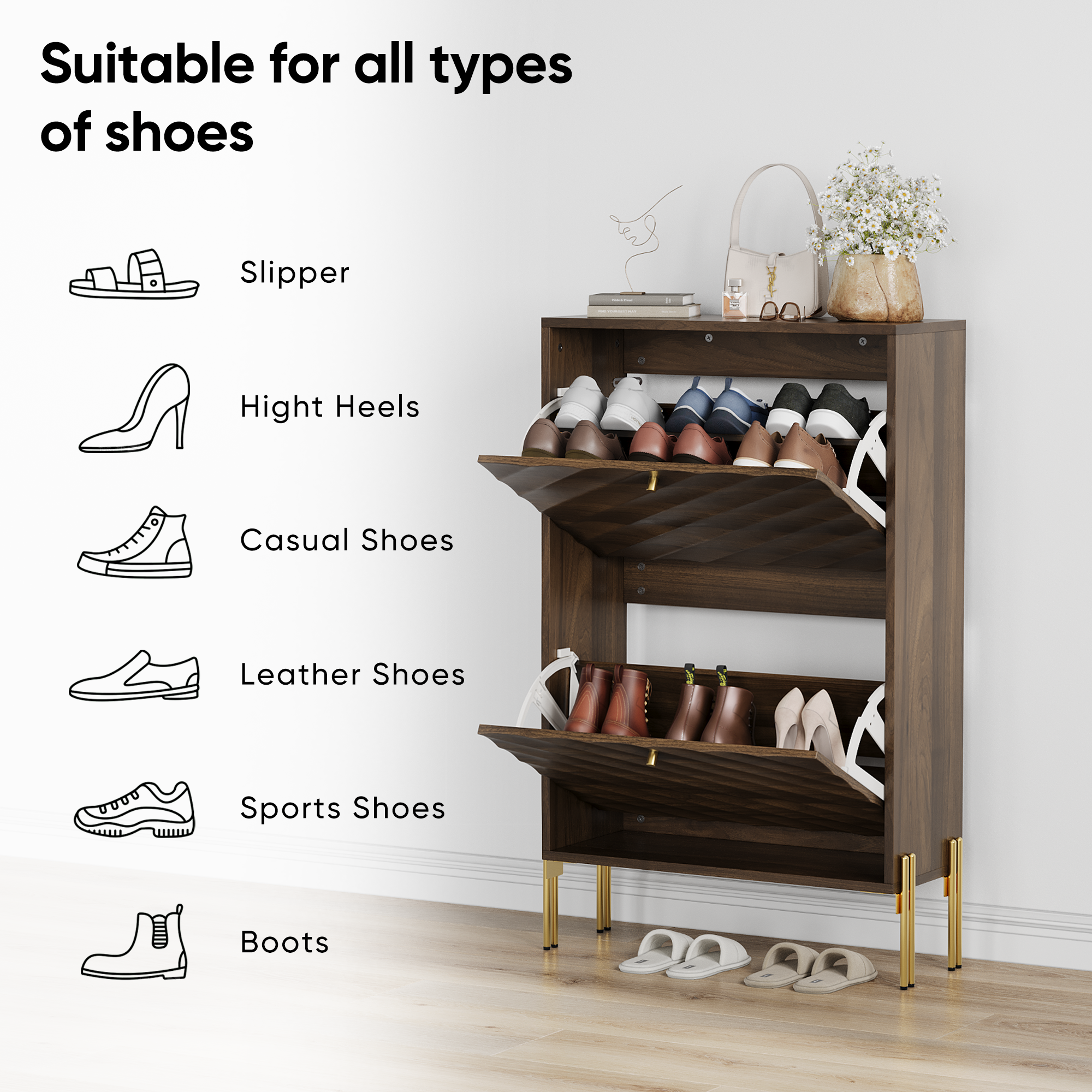 23.6 Inch Mid-century Modern Freestanding Shoe Cabinet