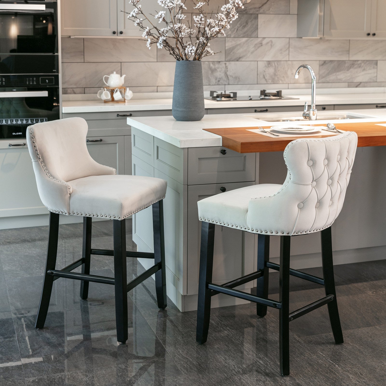 Leisure Style Velvet Upholstered Wing-Back Barstools (Set of 2)