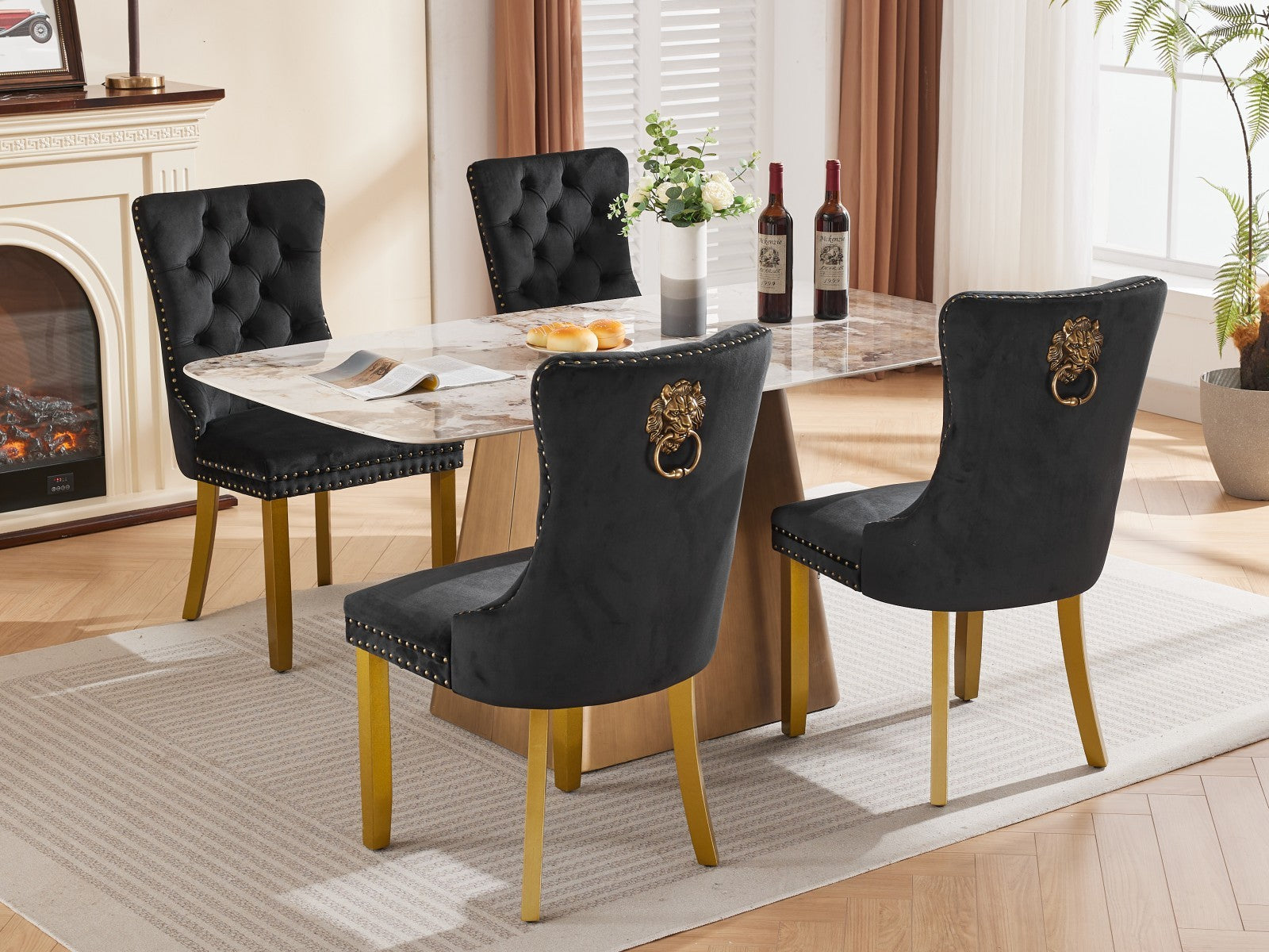 Mid-Century Velvet Dining Chairs with Lion Head Pull Ring (Set of 2)
