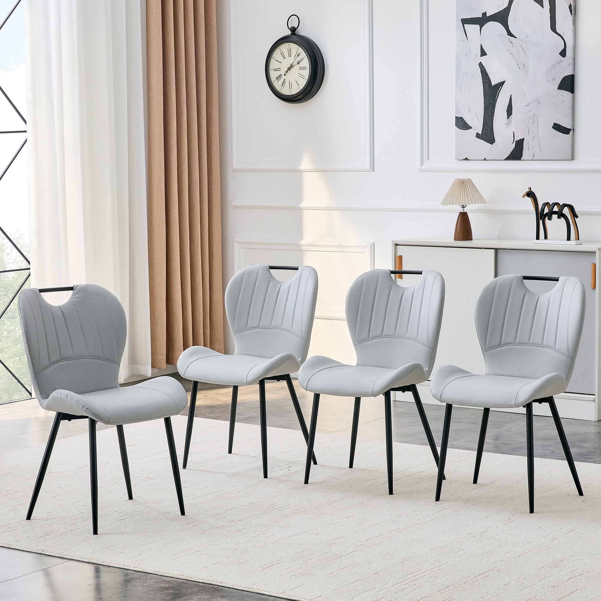 Set of 4 Fabric Dining Chairs Black Metal Frame Wide Cushioned Comfortable