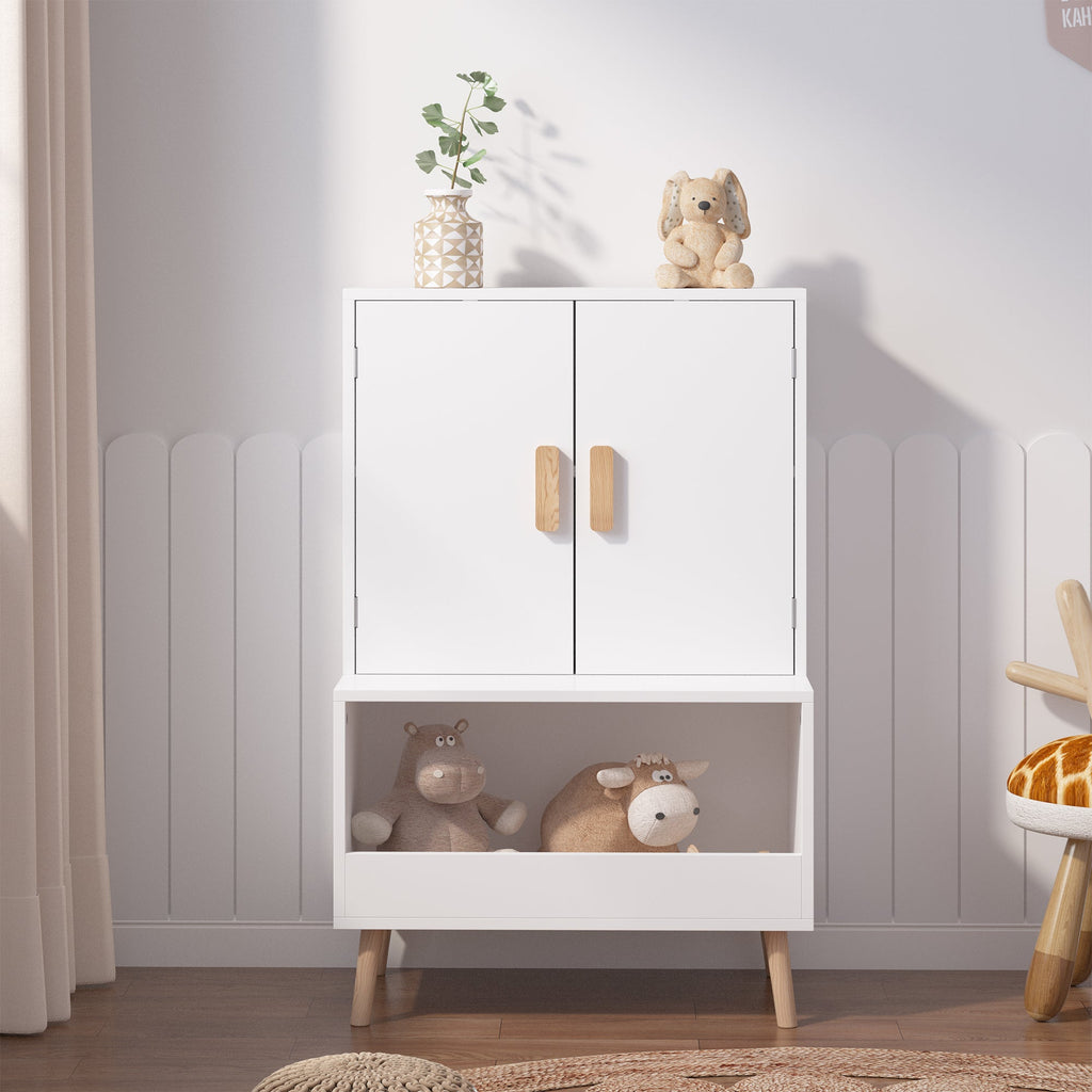 White Modern Wooden Toy Storage Cabinet with Natural Wood Legs