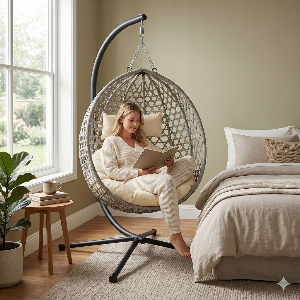 Folding PE Rattan Hanging Egg Chair with Aluminum Steel Frame