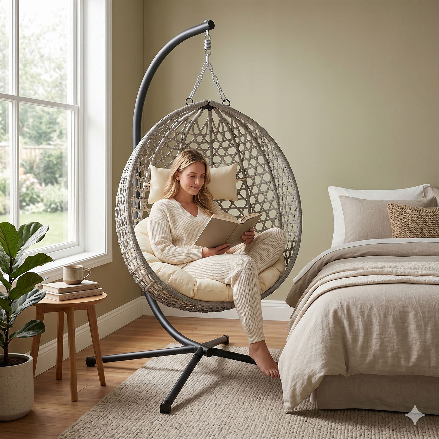 Folding PE Rattan Hanging Egg Chair with Aluminum Steel Frame