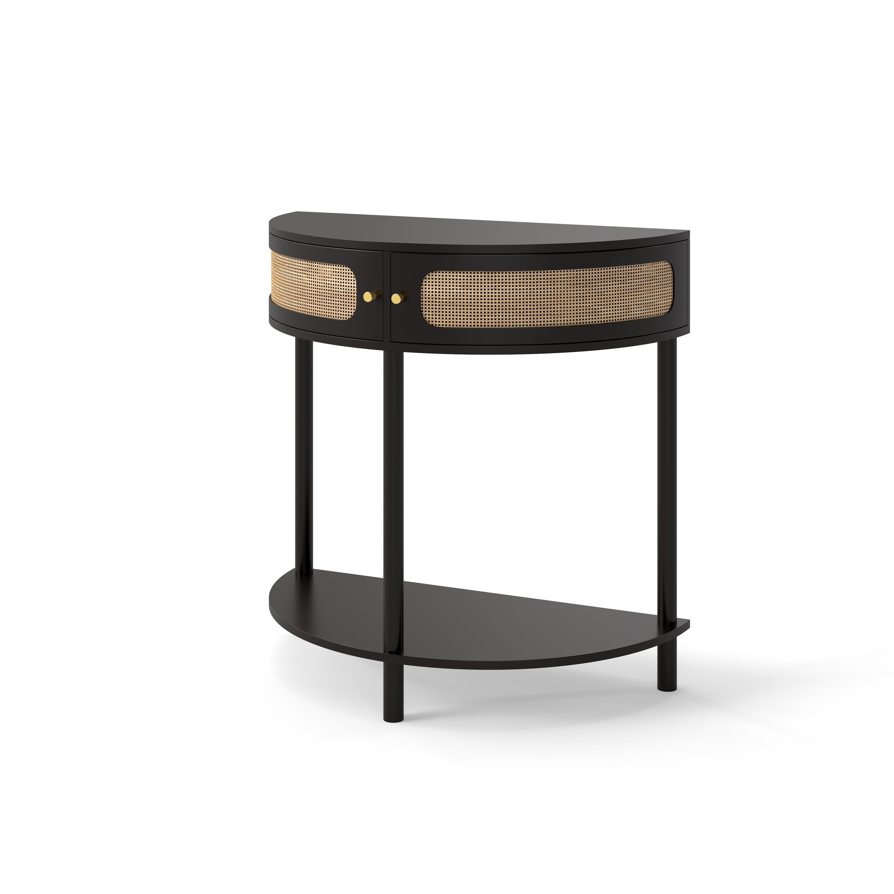 Rattan Semi Circle End Table with 2 Rattan Storage Cabinet