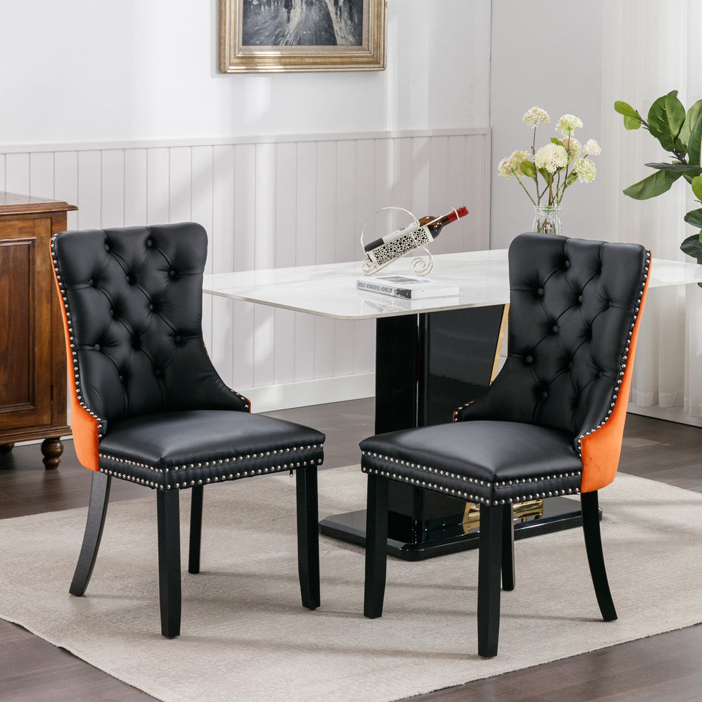 Tufted Solid Wood PU Upholstered Dining Chair with Wood Legs (Set of 2)