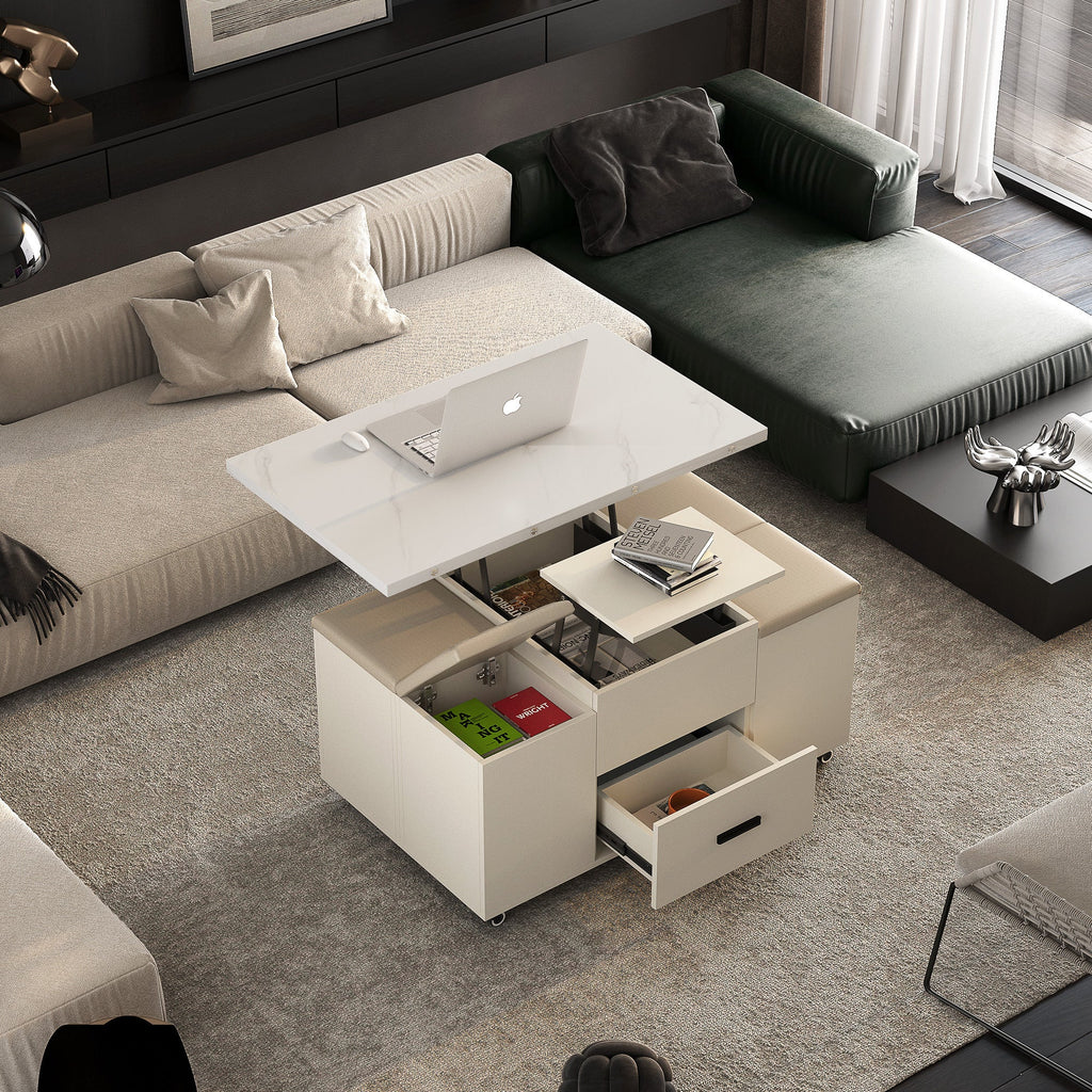 Modern Lift-Up Coffee Table with 4 Stools Set