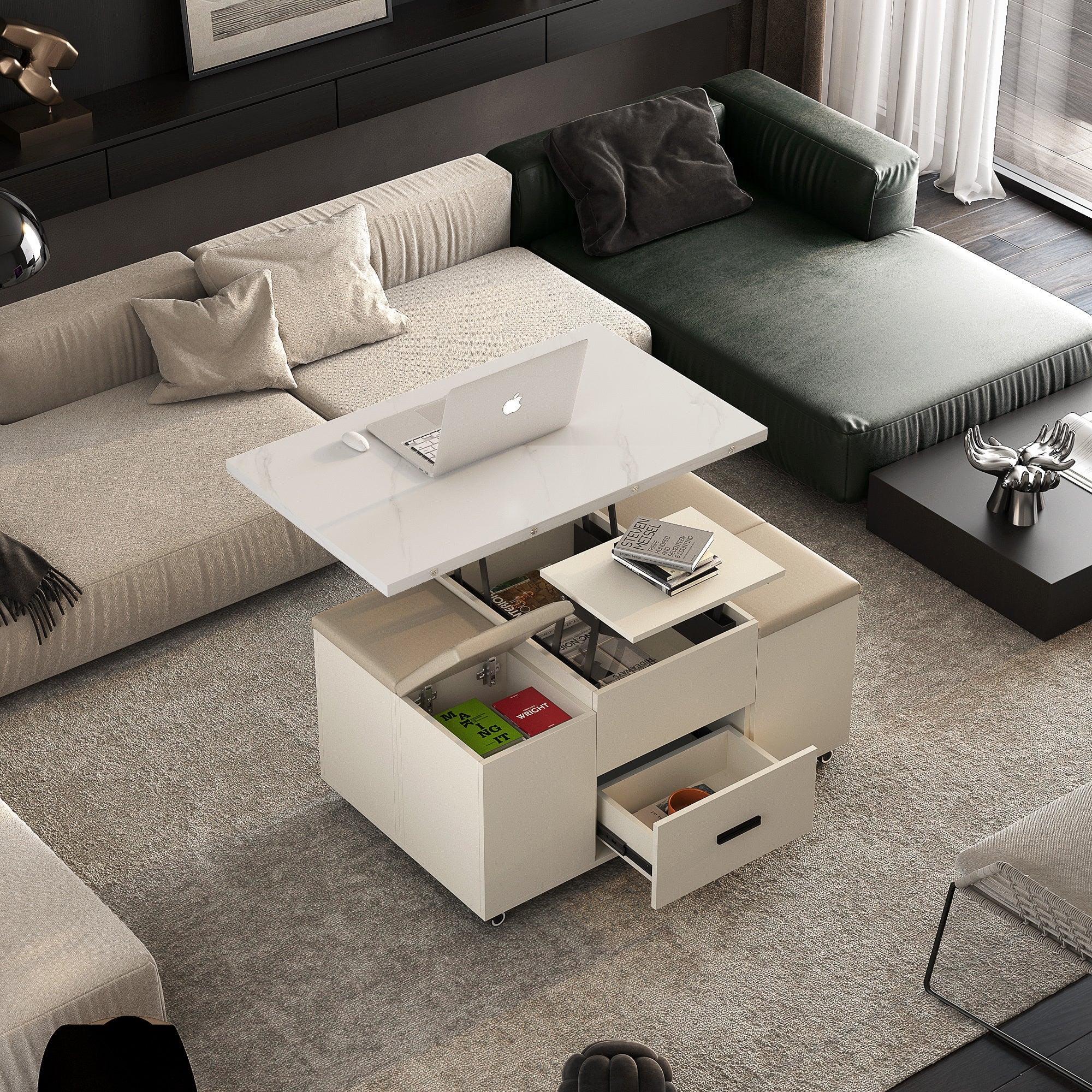 Modern Lift-Up Coffee Table with 4 Stools Set