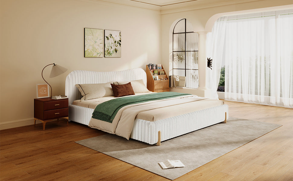 Sleek White Boucle Upholstered Bed with Wavy Headboard