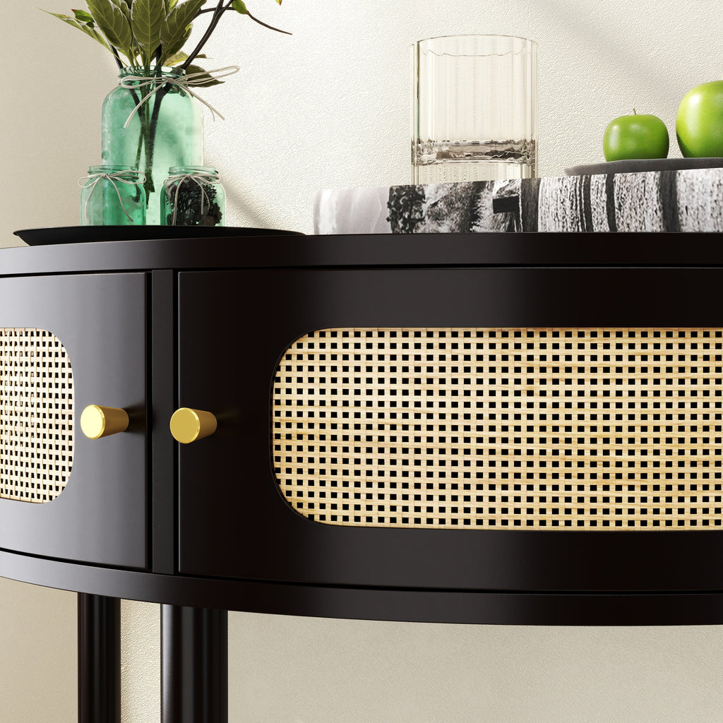 Rattan Semi Circle End Table with 2 Rattan Storage Cabinet