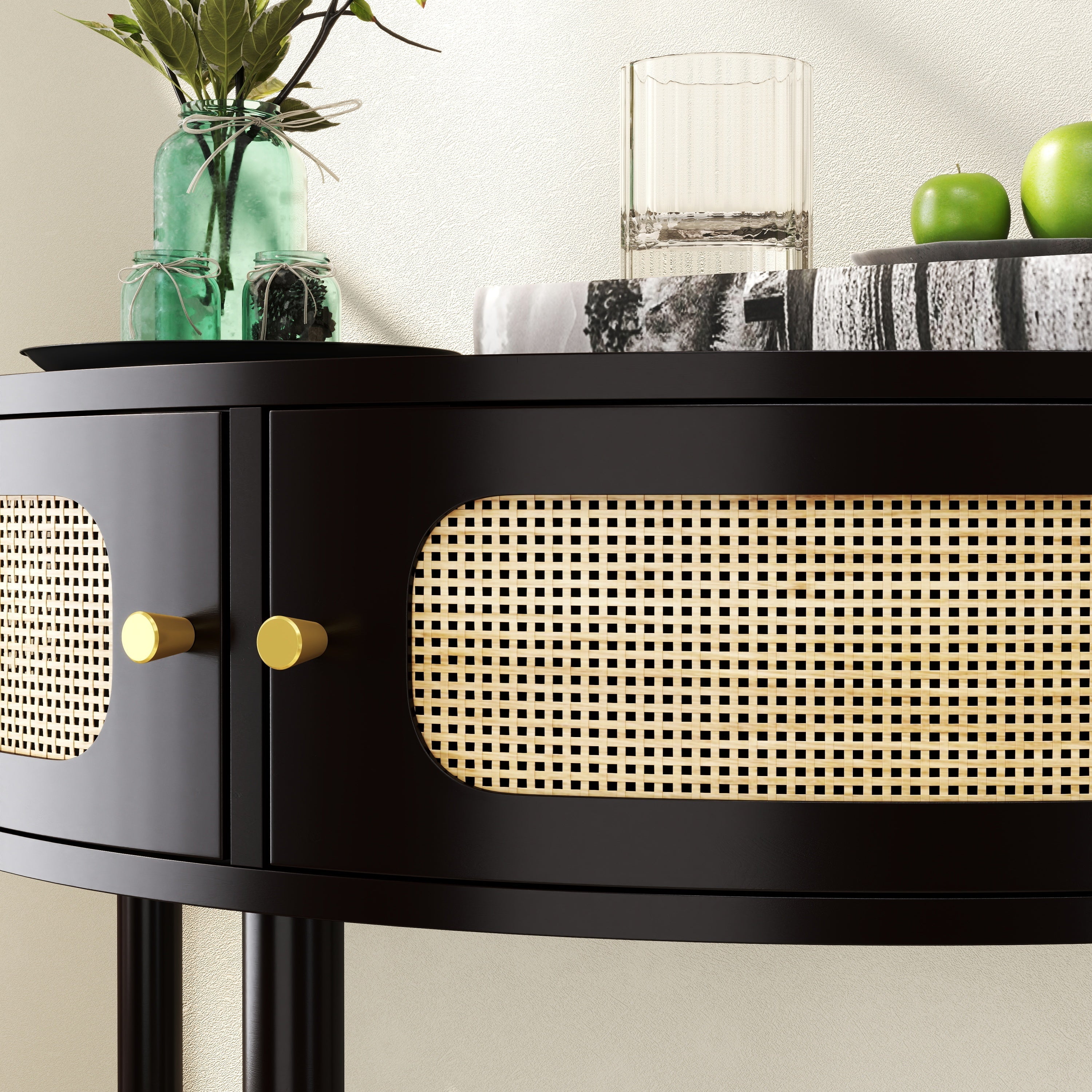 Rattan Semi Circle End Table with 2 Rattan Storage Cabinet