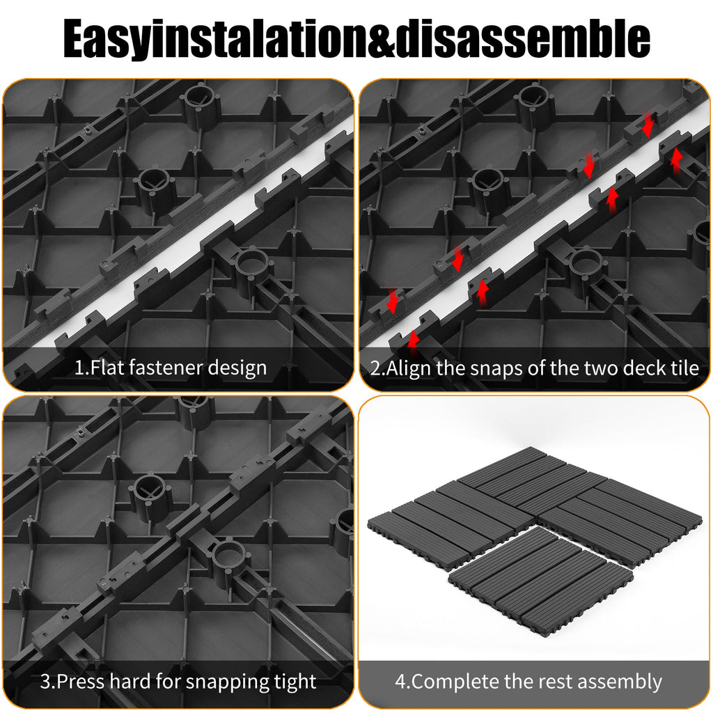 44 Pack 12x12 Plastic Interlocking Decking Tiles Waterproof Dark Gray