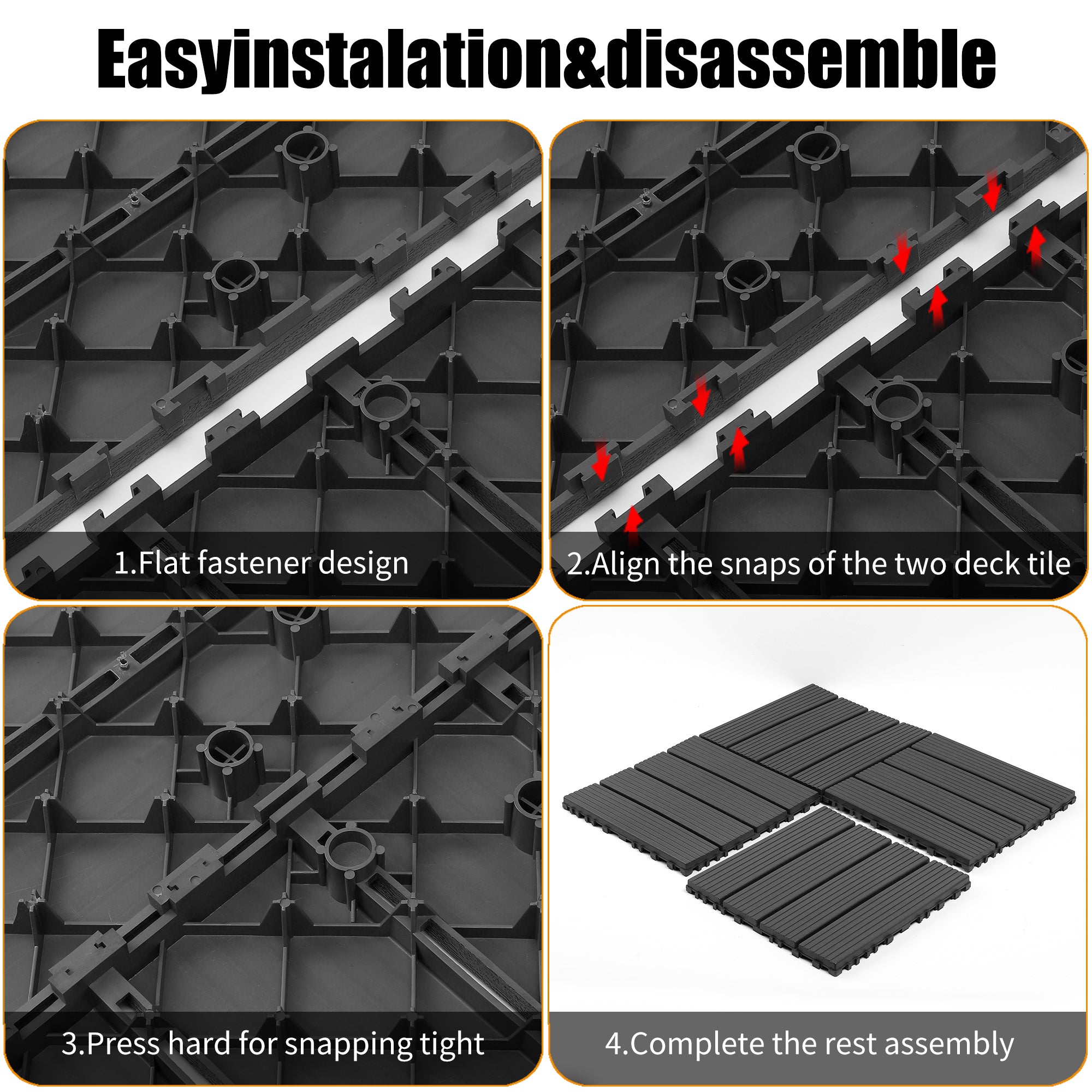 44 Pack 12x12 Plastic Interlocking Decking Tiles Waterproof Dark Gray