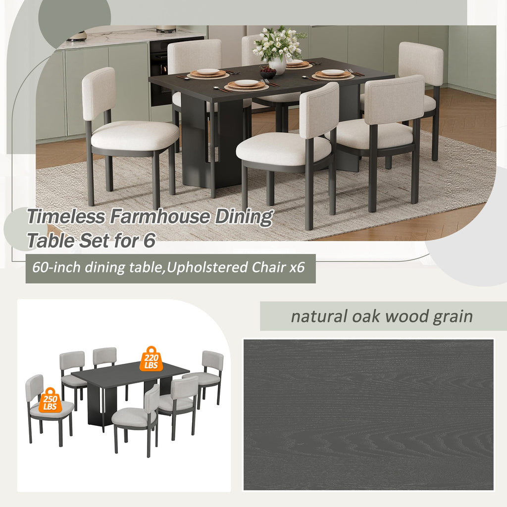 Farmhouse Dining Table Set with 6 Upholstered Chairs