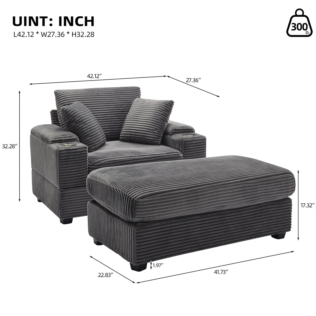 Corduroy Upholstered Chaise Lounge Sofa with Handrail Storage