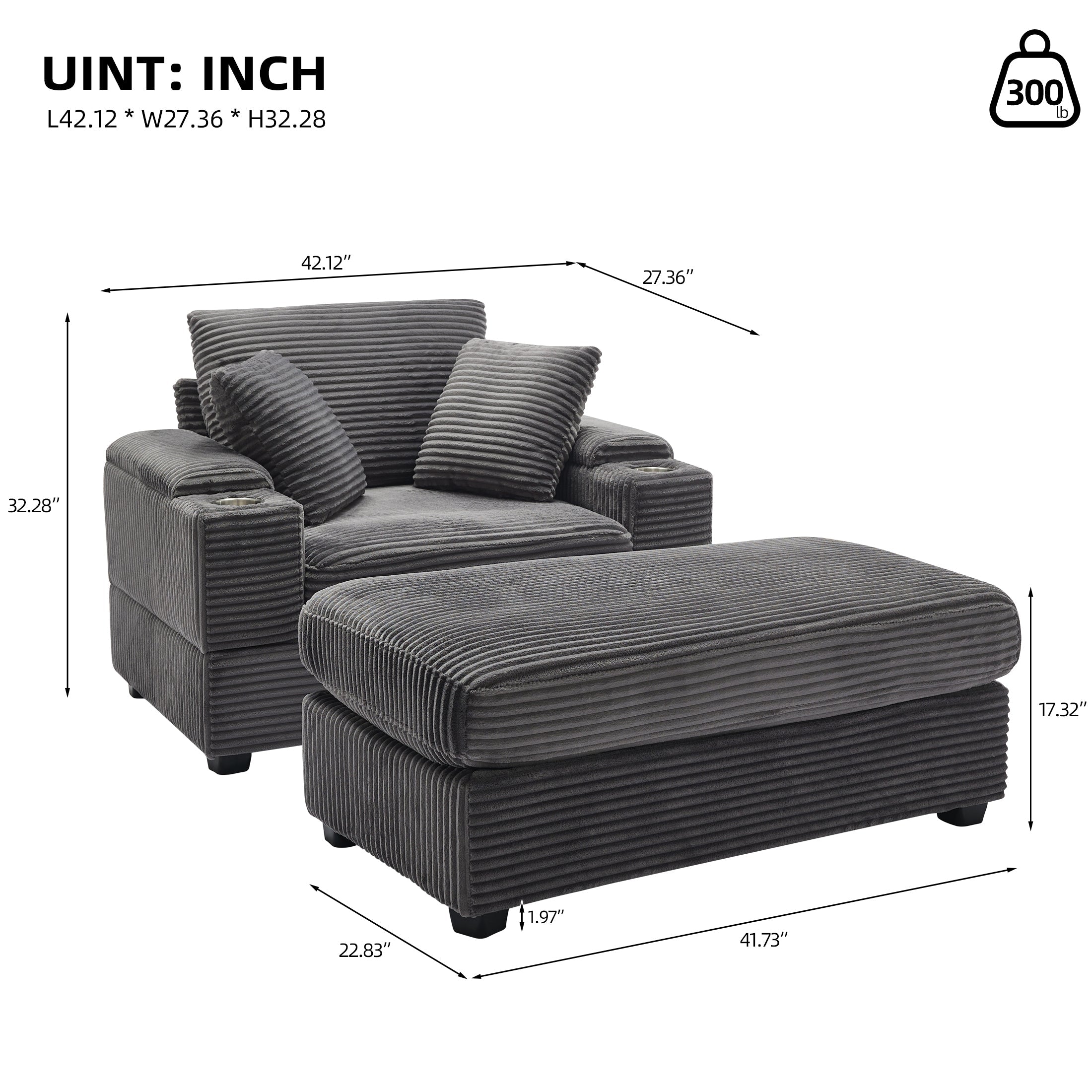 Corduroy Upholstered Chaise Lounge Sofa with Handrail Storage