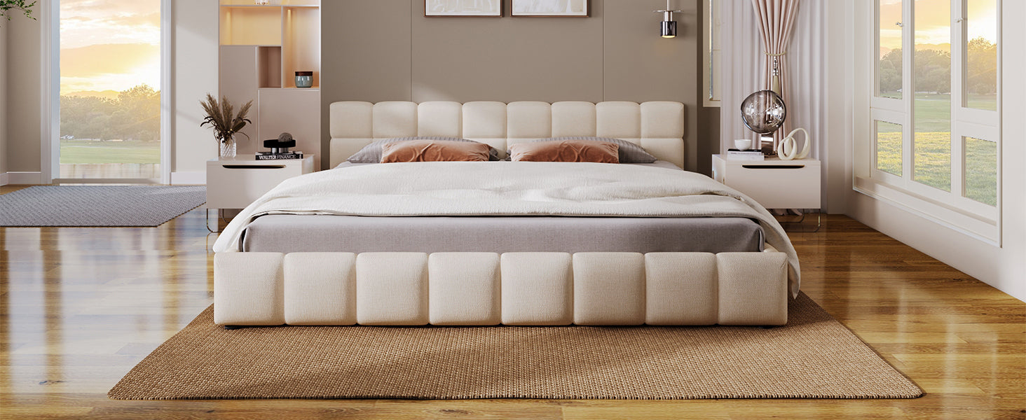 Elegant Beige Chenille Upholstered Bed with Checkerboard Design