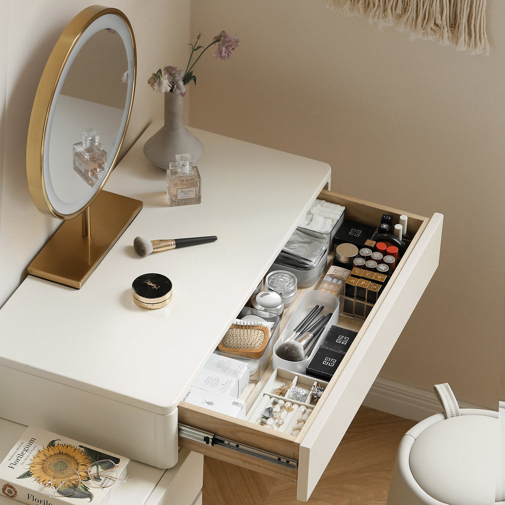 White Solid Wood Vanity Table with Stool