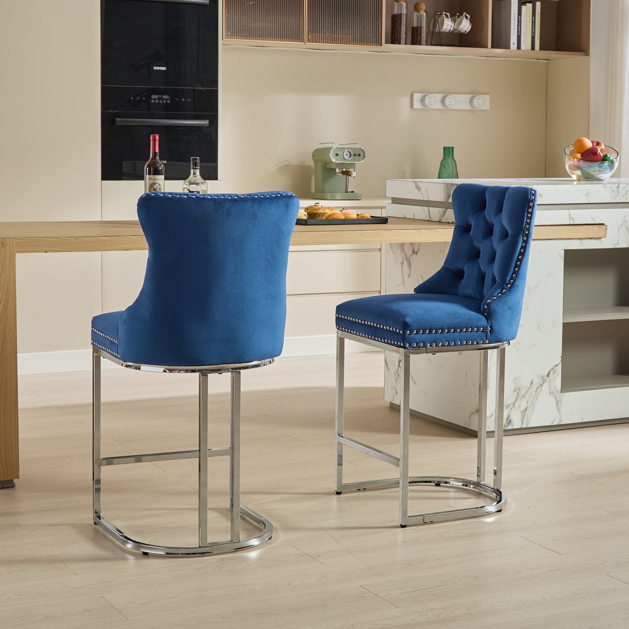 Luxury Elegant Nailhead Trim Tufted Velvet Bar Stools (Set of 2)
