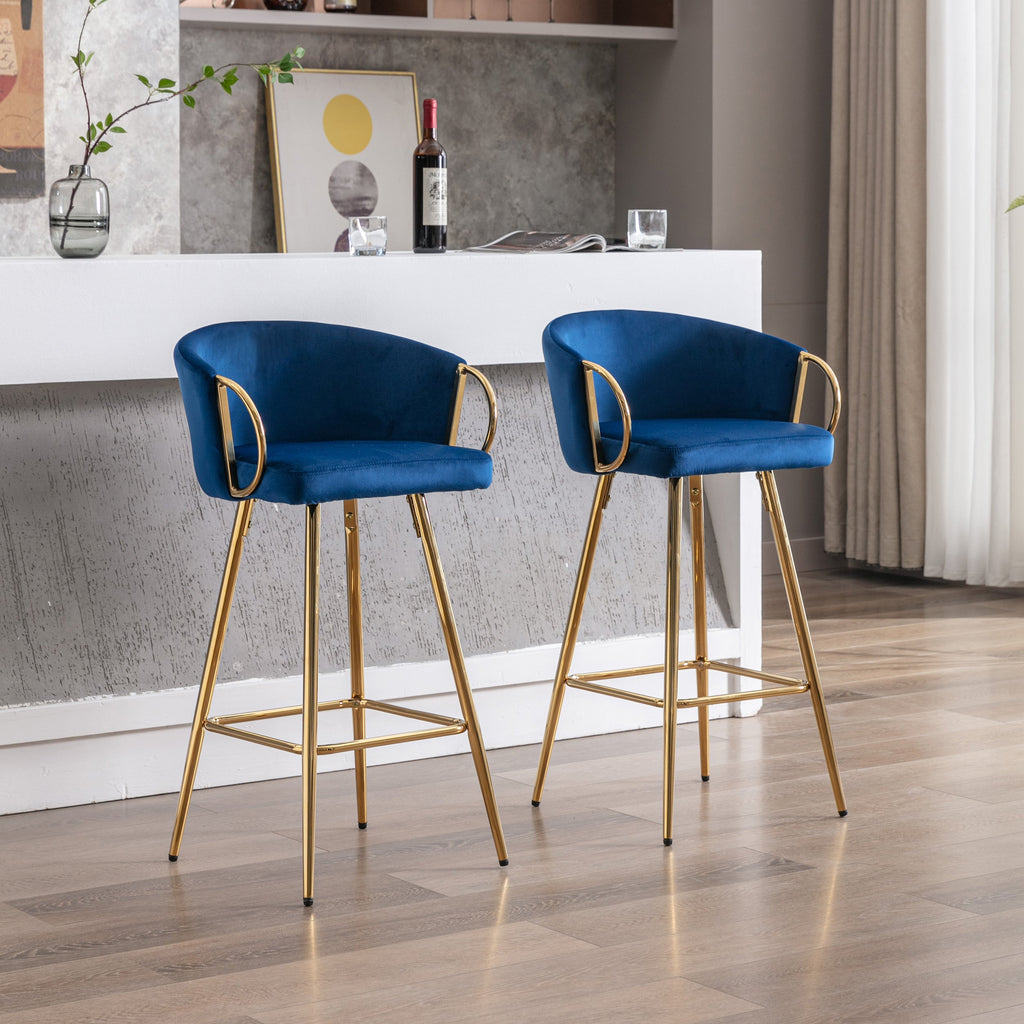 Velvet Bar Stools with Chrome Footrest and Base（Set of 2)