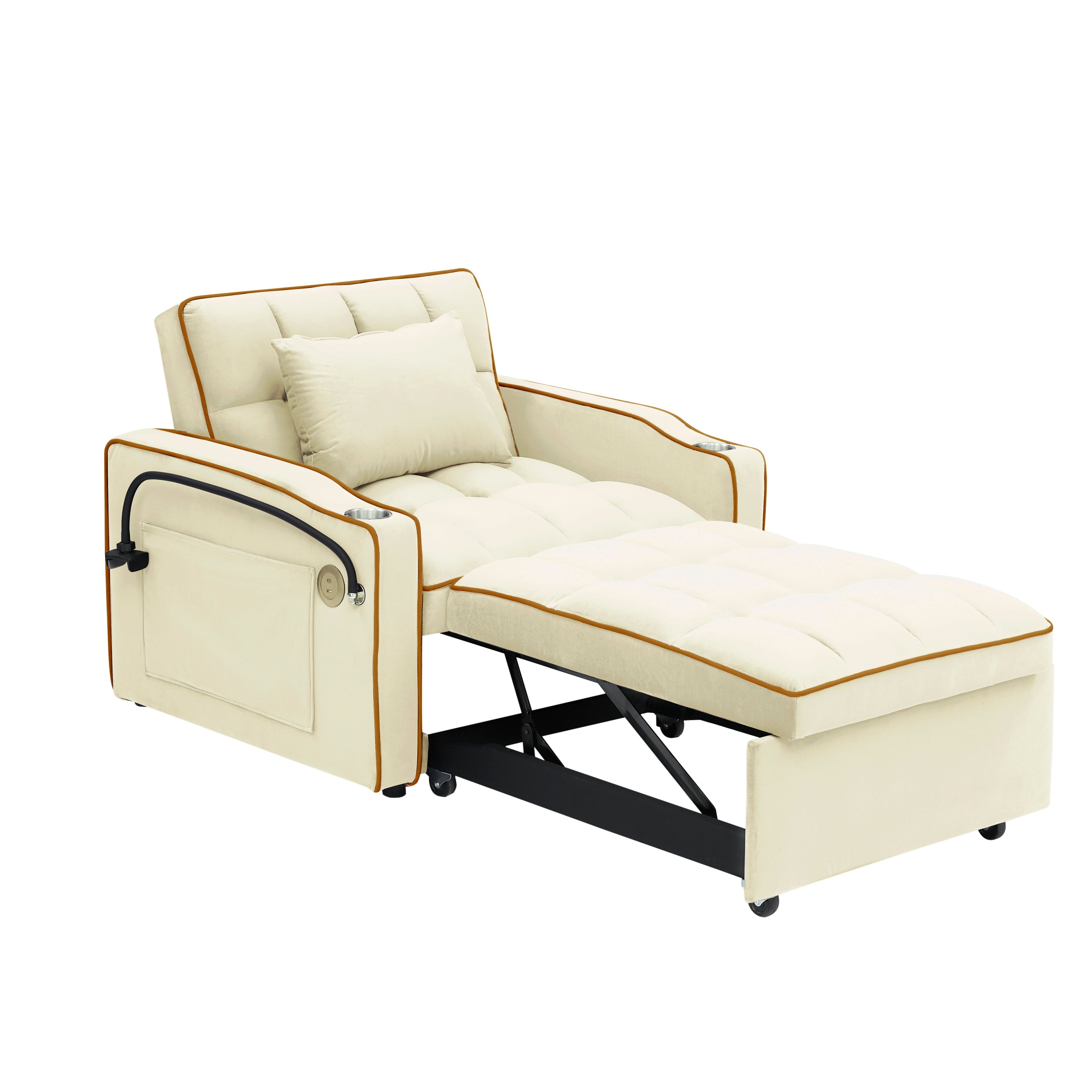 Velvet Foldable Sofa Bed Adjustable Back with USB, Ashtray & Phone Stand