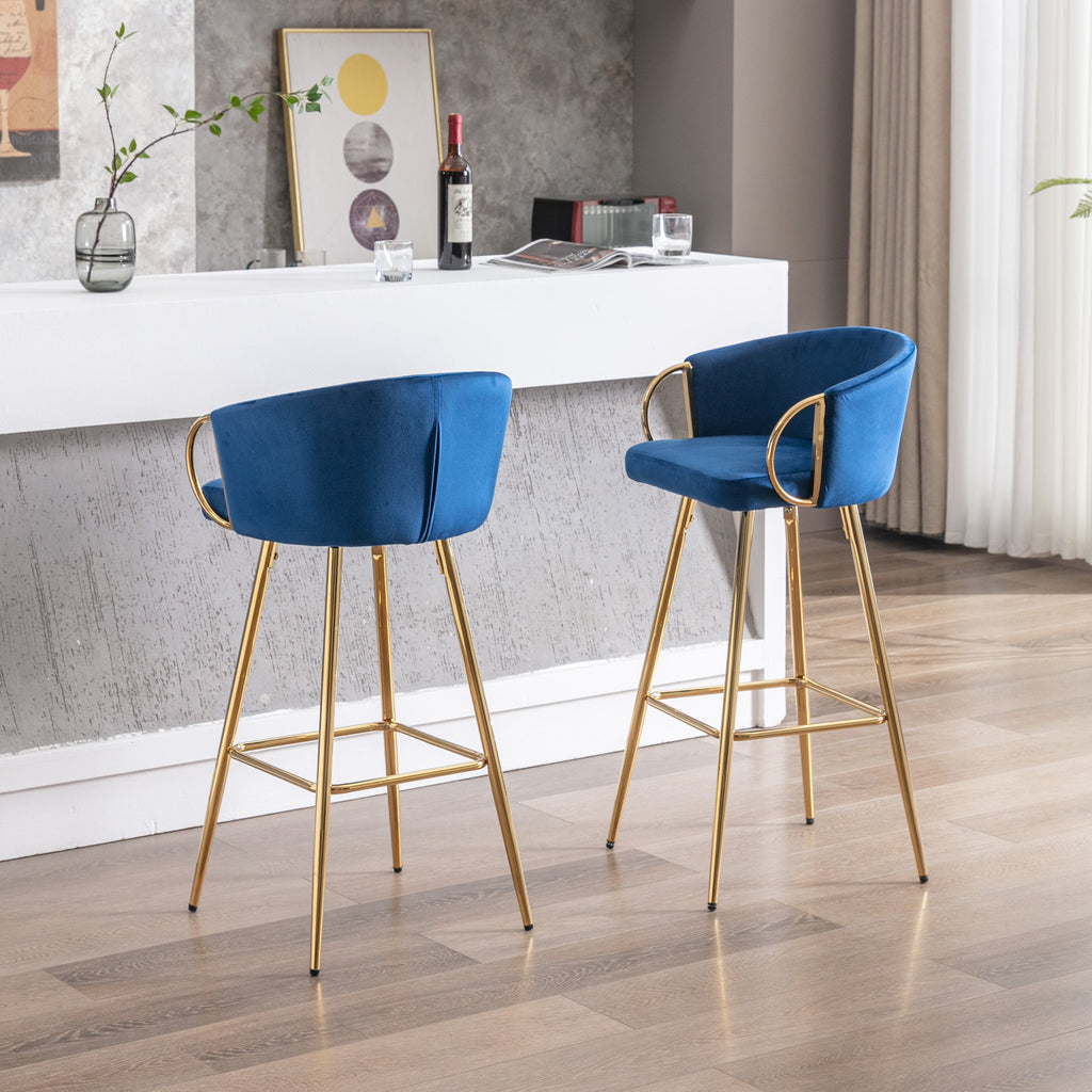 Velvet Bar Stools with Chrome Footrest and Base（Set of 2)