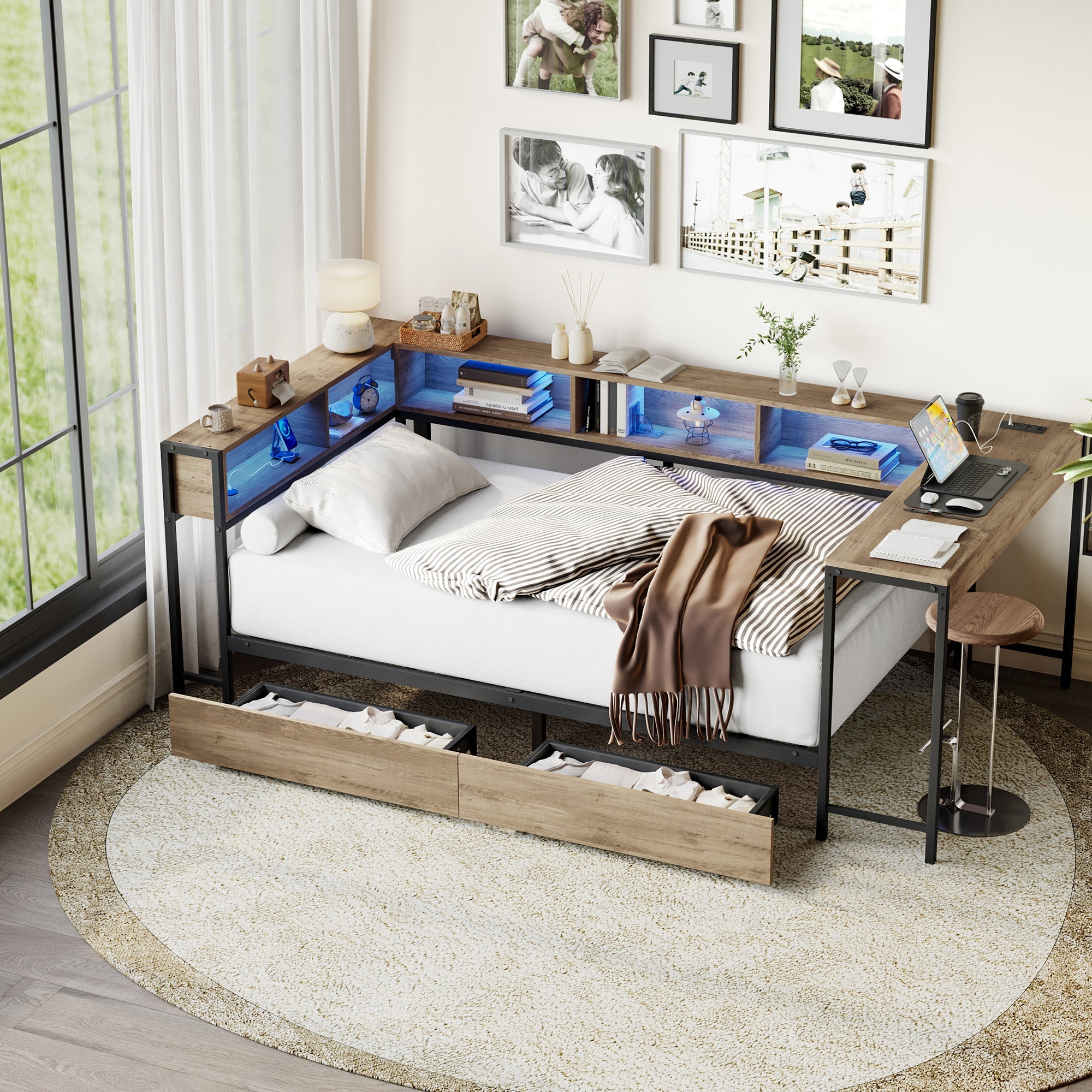 Modern Twin Bed with LED Light and Charging Station