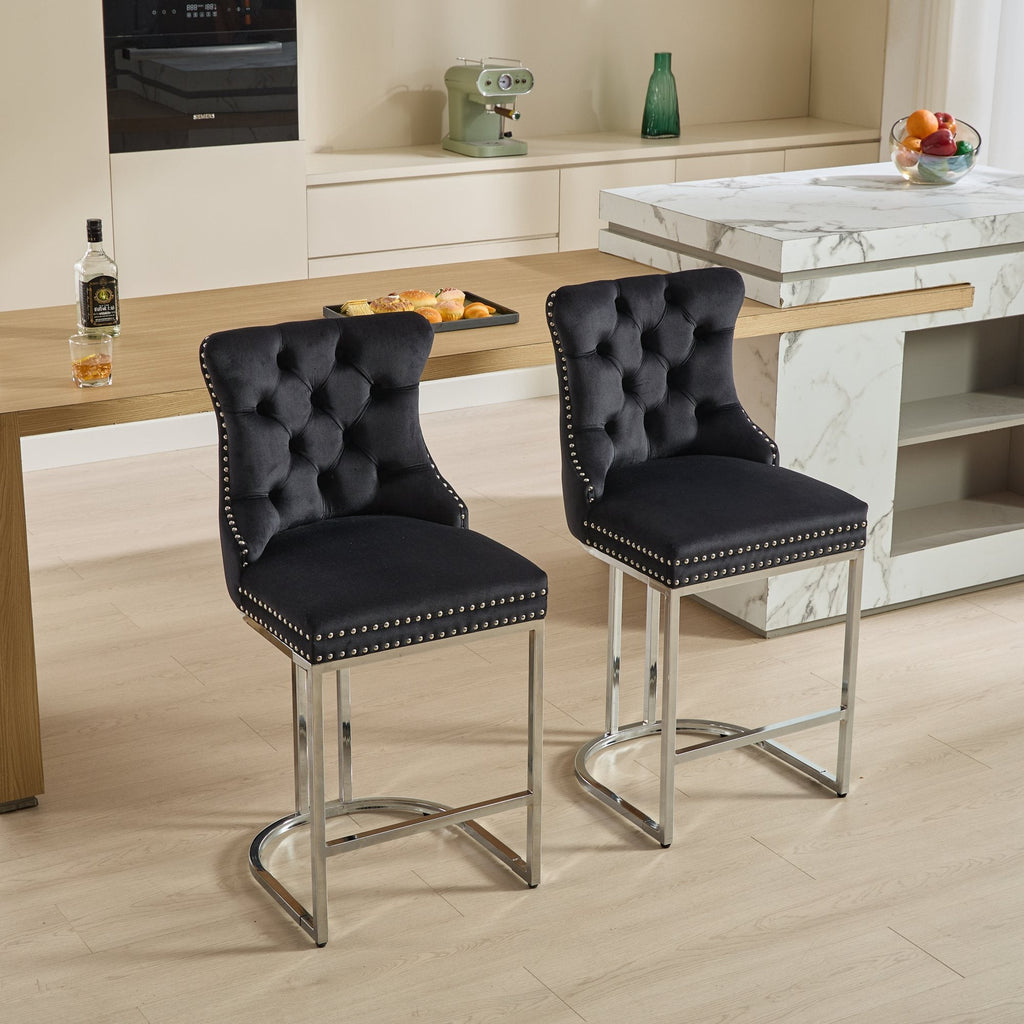 Luxury Elegant Nailhead Trim Tufted Velvet Bar Stools (Set of 2)