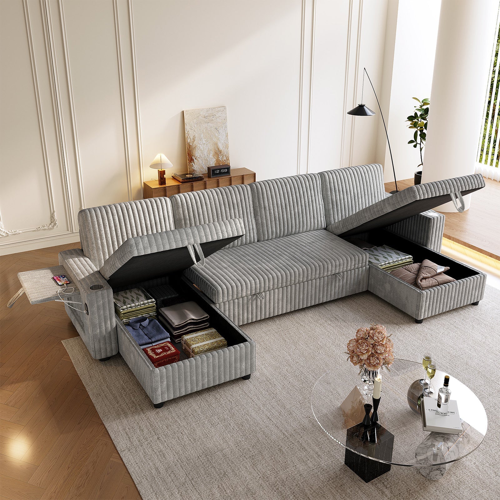 122" U-Shaped Sleeper Sofa Gray Pull Out Bed Sectional with Storage Chaise