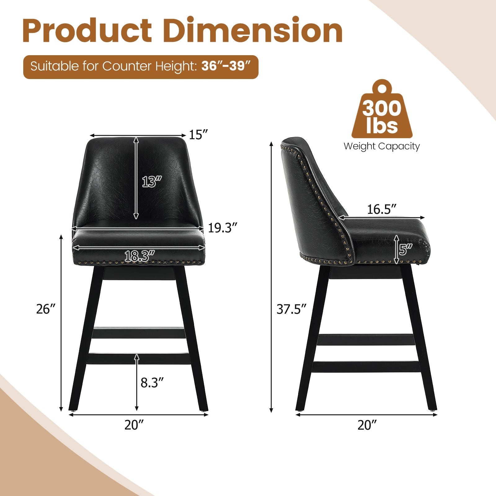 Firmoz Modern 360° Swivel Bar Stools with PU/Cracked Leather Upholstery