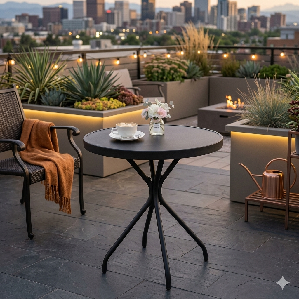 24“ Round Tempered Glass Side Table Black Iron Frame Indoor Outdoor Use