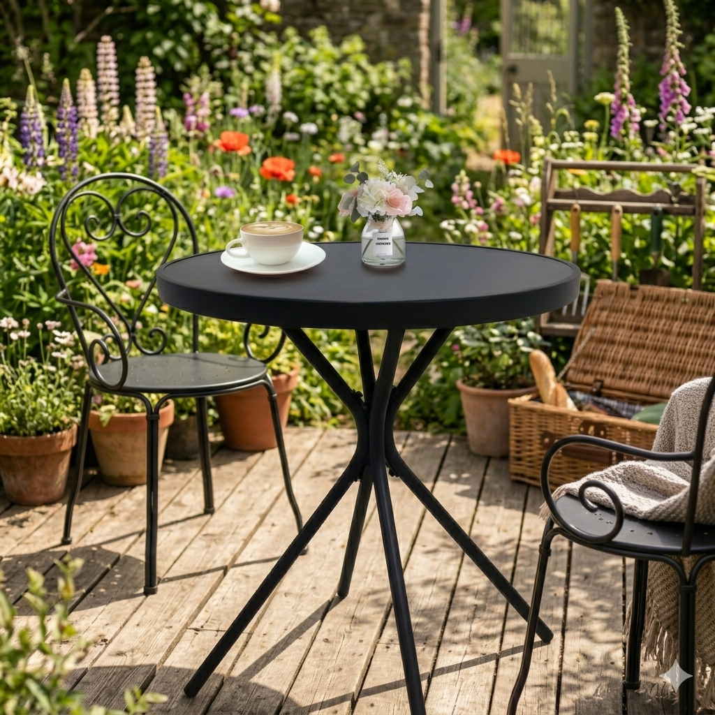 24“ Round Tempered Glass Side Table Black Iron Frame Indoor Outdoor Use