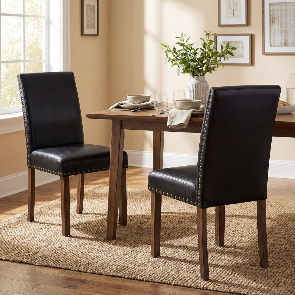 Firmoz Modern High-Back PU Leather Dining Chairs with Nailhead Trim & Walnut Legs