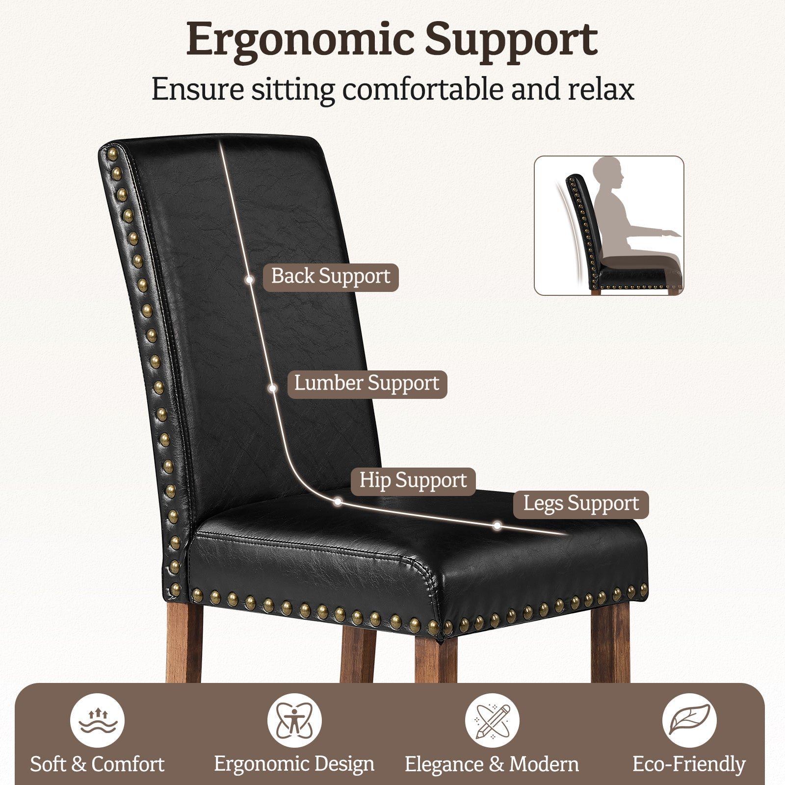 Firmoz Modern High-Back PU Leather Dining Chairs with Nailhead Trim & Walnut Legs