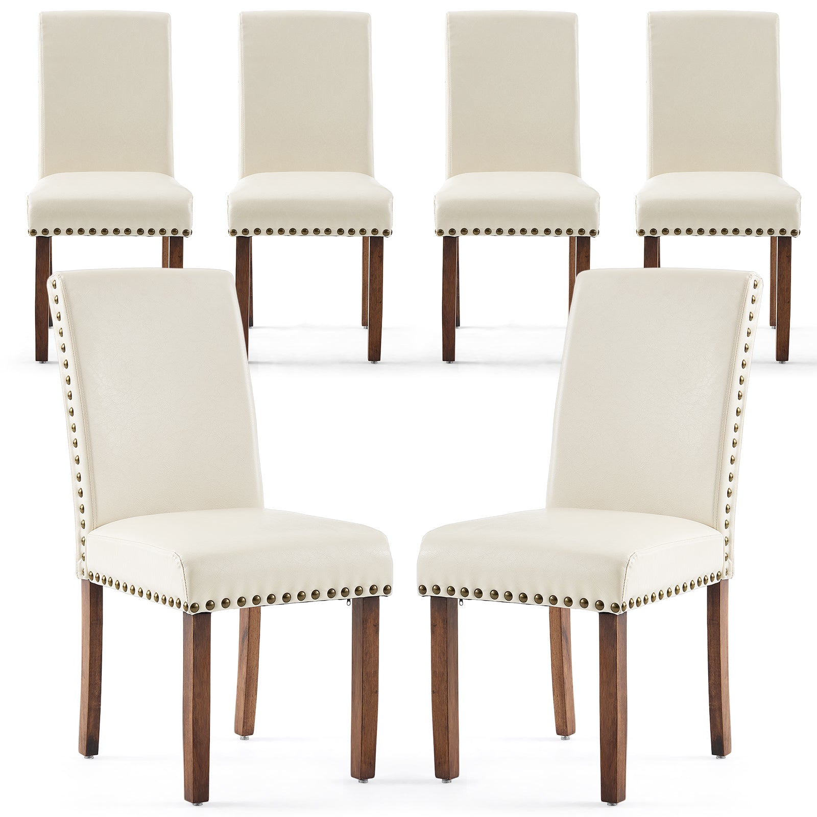 Firmoz Modern High-Back PU Leather Dining Chairs with Nailhead Trim & Walnut Legs