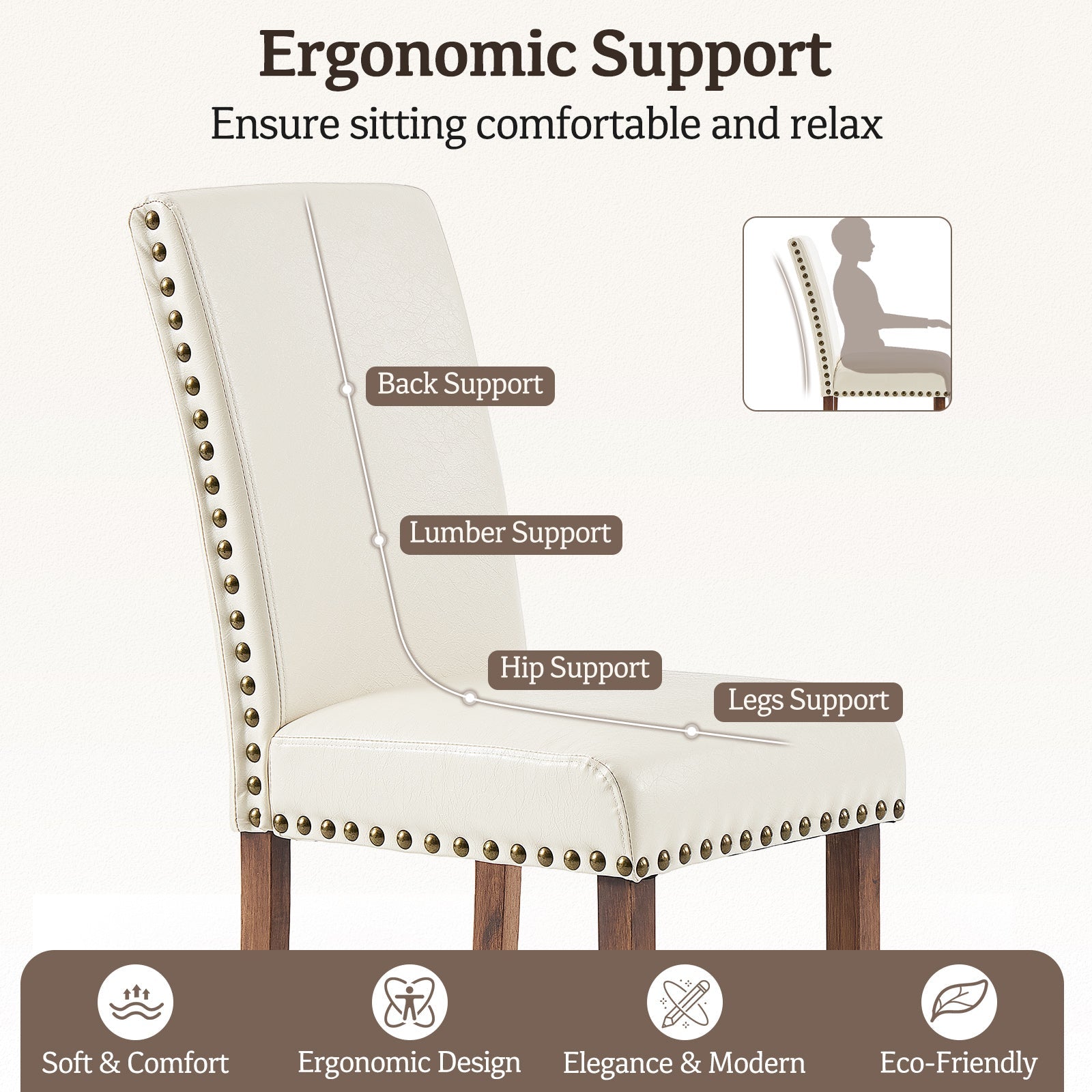 Firmoz Modern High-Back PU Leather Dining Chairs with Nailhead Trim & Walnut Legs