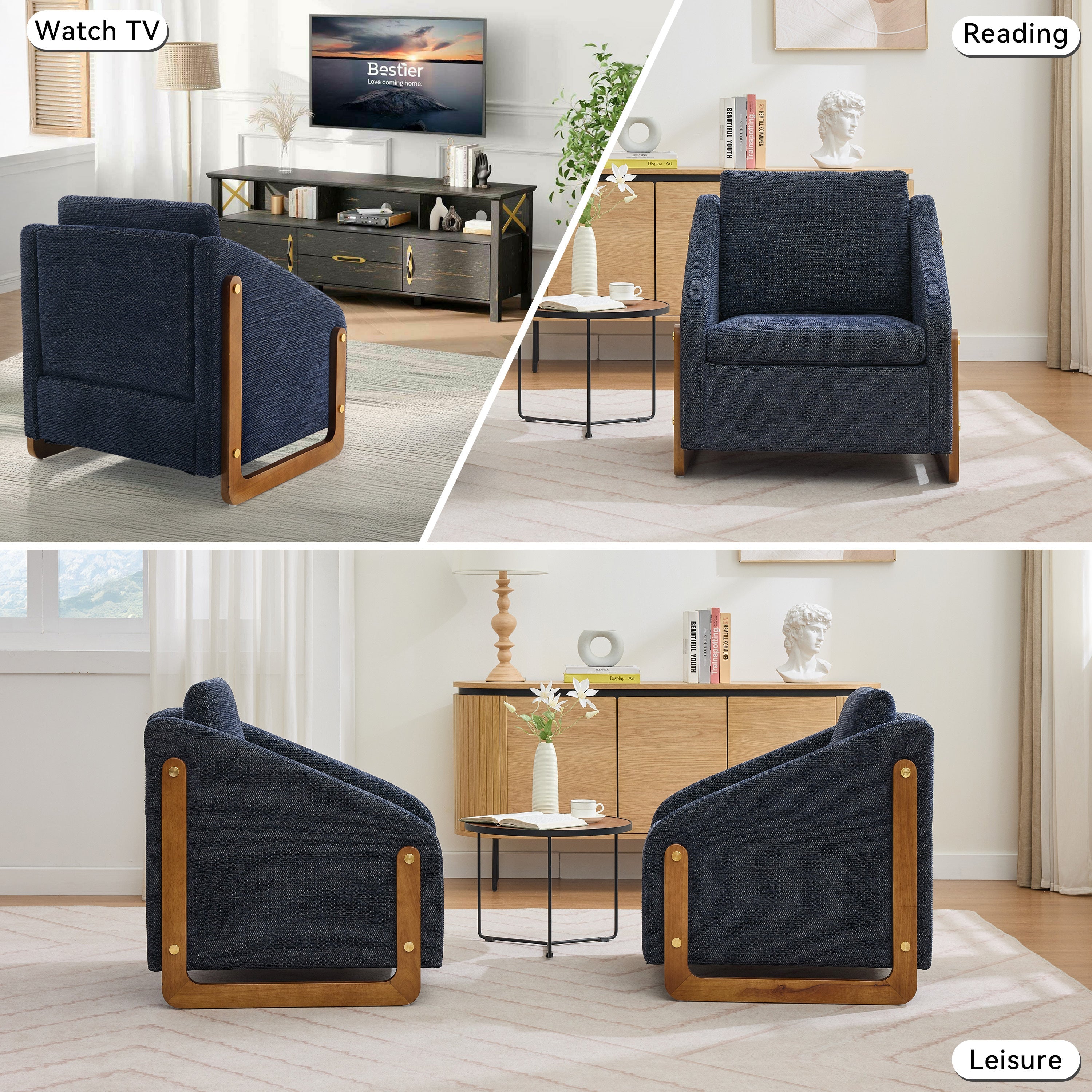 Modern Upholstered Armchair with Wooden Side Frame