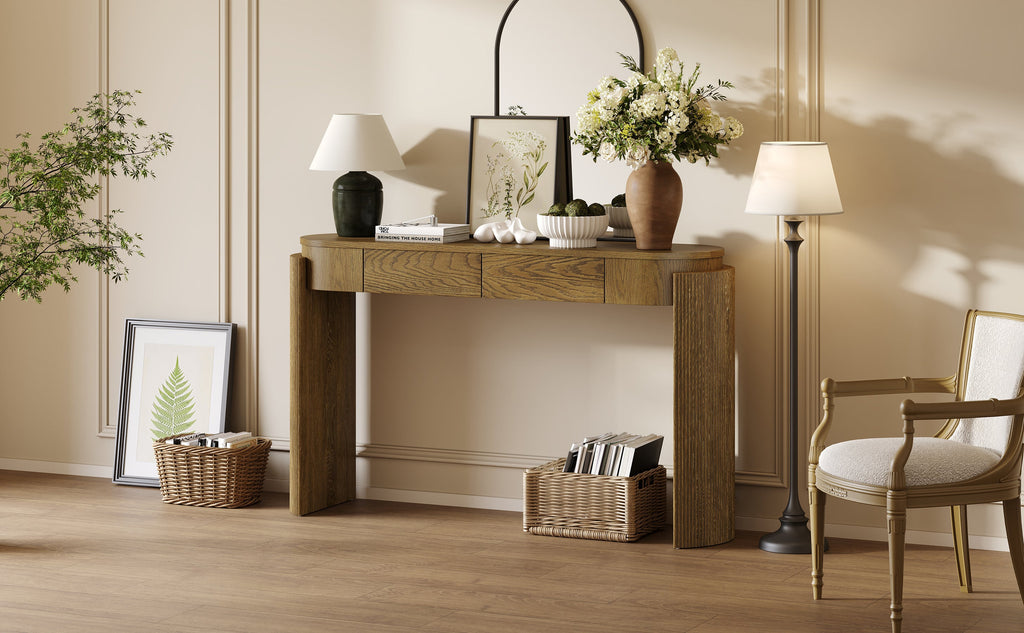 Natural Wood Console Table with Fluted Design