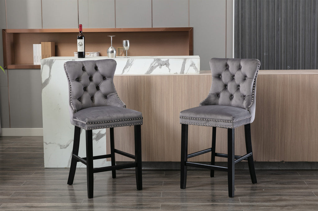Contemporary Velvet Upholstered Barstools with Button Tufted Decoration (Set of 2)