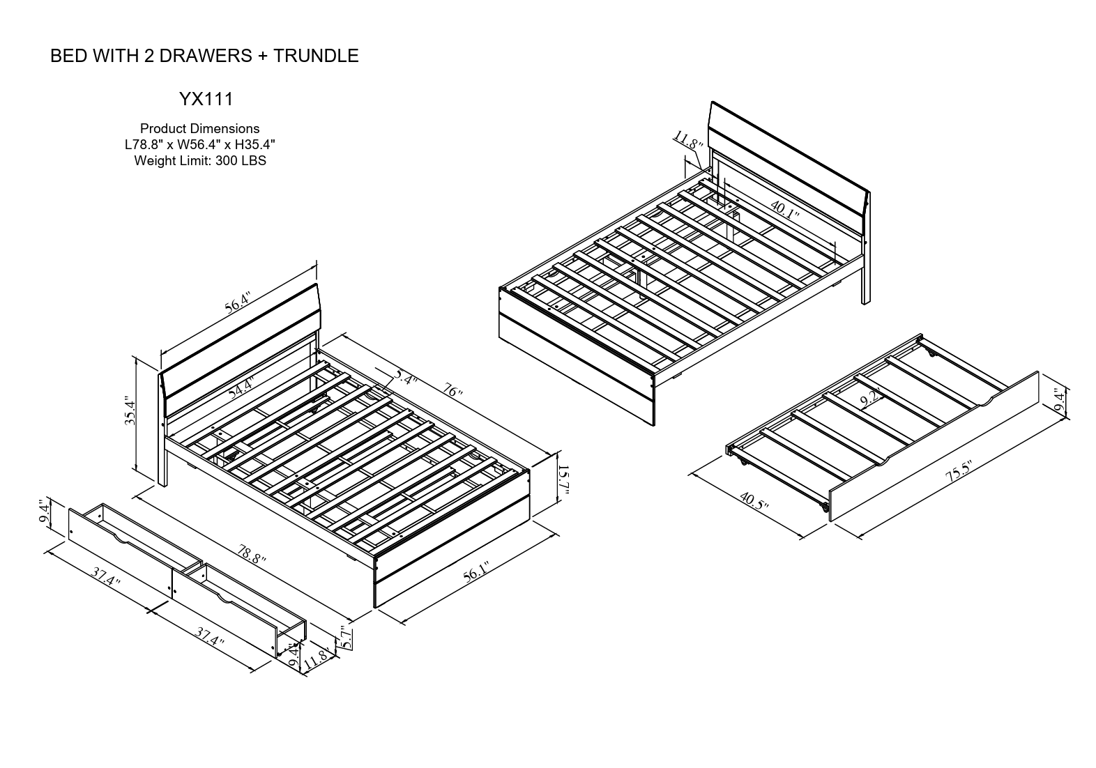 Modern Full Size Bed Frame with Twin Size Trundle and 2 Drawers