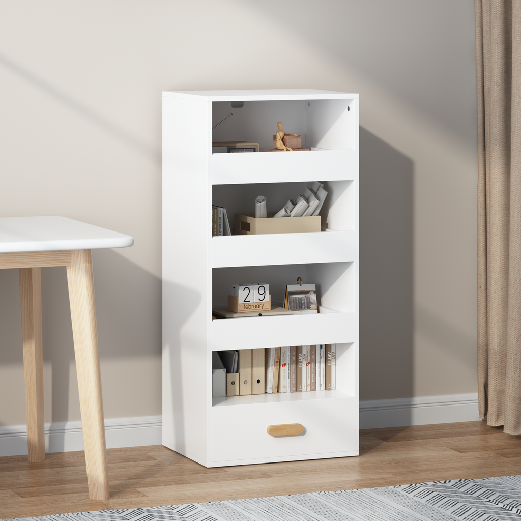 4-Tier Freestanding Bookshelf with 3 Sliding Drawers and 1 Bottom Drawer