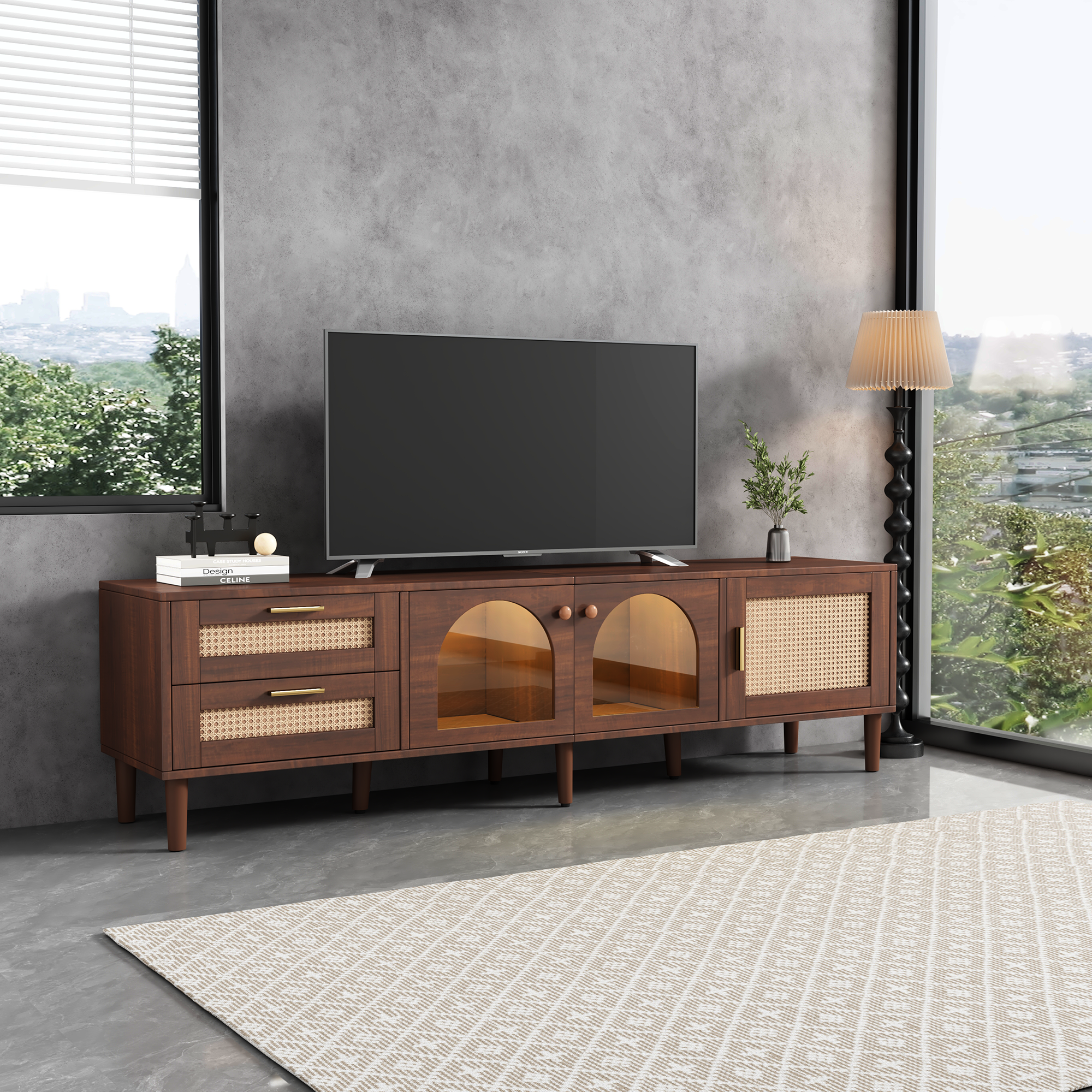 70" Rattan LED Light Entertainment TV Stand