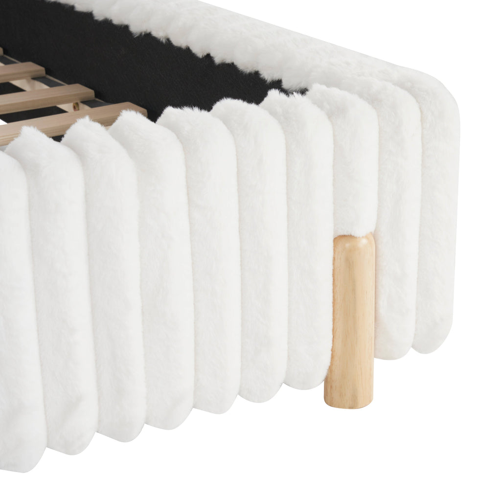 Sleek White Boucle Upholstered Bed with Wavy Headboard